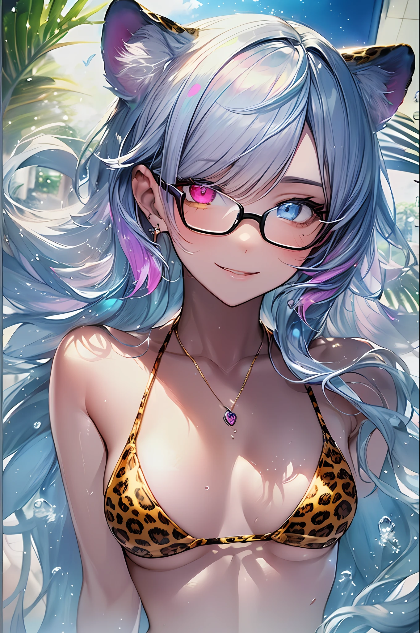 ((masutepiece, of the highest quality, Watercolor art (Pendants), offcial art, Beautiful and aesthetic: 1.2)), (Golden ratio: 1.2), (Full body: 1.2), (Super Detail: 1.3), (1人の女性: 1.3), (Fractal Art: 1.3), Full body, (Glitter Pupil)), patterns, (Iridescent hair, Colorful hair, Half light blue and half pink hair: 1.2)), Colorful, (Glasses), Writing, (Heterochromia、The right eye is yellow、Purple left eye), (Colorful: 1.5), ((Swimsuit)), sand beach, Sunny weather, (((Shy face)), ((Micro Bikini)), (Standing), (Hyper-detailing), ((delicate detail)), (intricate-detail), ((Cinematic Light, Highest quality backlight)), High contrast, ((The best lighting, Very delicate and beautiful)), (( Cinematic Light)), (ray-traced reflection, Glow), (((glowing aura)), ((Glowing hair)), ((Super Detail)), (8K)), ((a closeup)), ((Brown skin)), (Showering), ((Seductive smile)) ,((high angle full body shot)),((Leopard print bikini))、((Leopard ears))、Beach、mare、