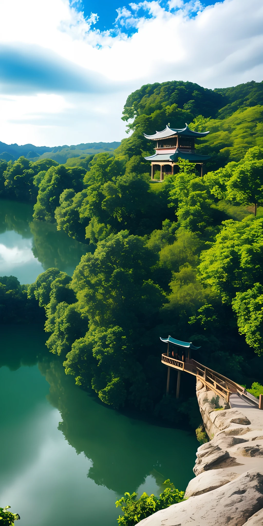 scenecy， pavilion， Skysky， Clouds， daysies， No Man， mont， in a panoramic view， Eau， The tree， blue-sky， waterfallr， precipice， naturey， lake， flod， mostly cloudy sky，Cloud Pavilion。