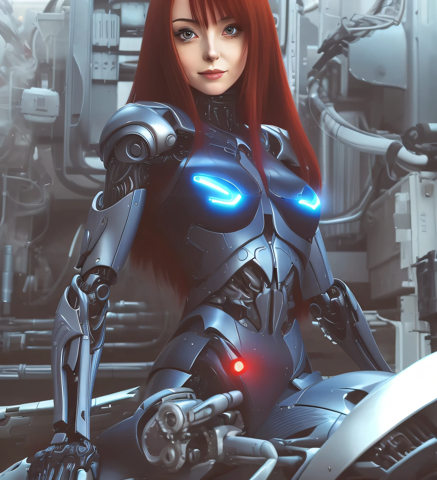 Anime - Style drawing of a woman in a futuristic suit sitting on a platform, Inspired by Masamune Shirow, author:Shiroro Masamune, style of masamune shirow, author:shirow masamune, cyberpunk anime girl mech, battle angel alita, tsutomu nihei art, cyborg - girl, girl in mecha cyber armor