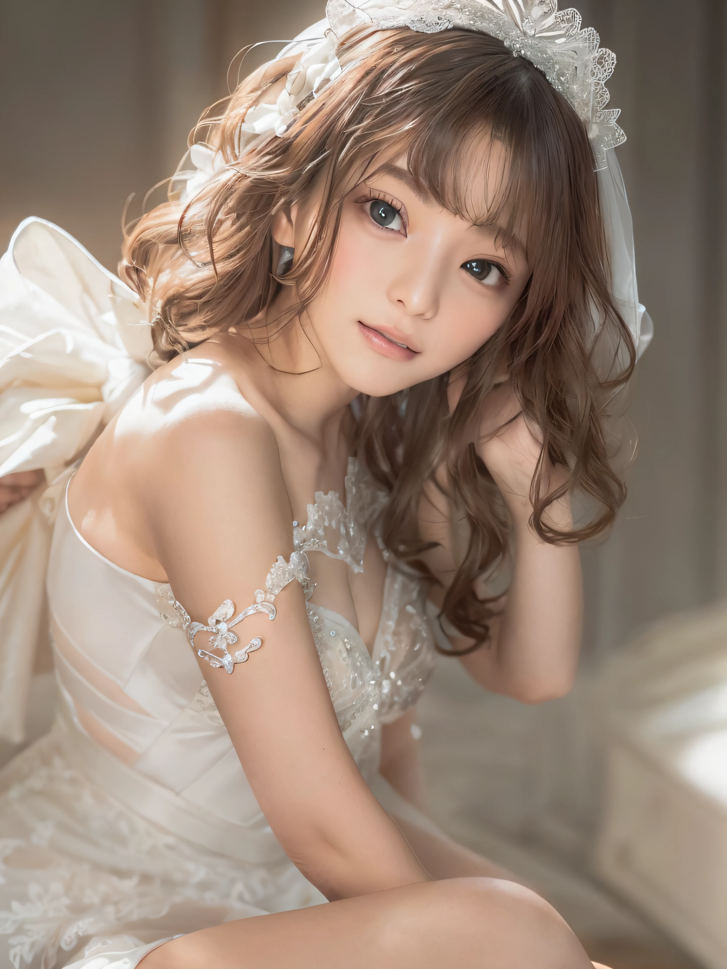 (Photorealistic), (Ultra High Realistic), (Ultra High Definition), (Ultra High Detailed), (Increase the contrast:1.9), (Increase the Saturation:1.9), (1Girl), Beautiful face, Cute face, Face Slimming, Japanese young girl, semi long curly hair, (light Brown hair), ((Slimmer)), ((Waist Slimming)), ((Small Buttocks:1.5)), ((Slimmer Legs:1.5)), (small Breasts:1.3), (Cleavage:0.8), (perfectly shaped Nipples), (small and Beautiful Nipples), ((Wedding dress)), (Off -shoulder), (((In the palace of Elizabeth))), movie lighting,