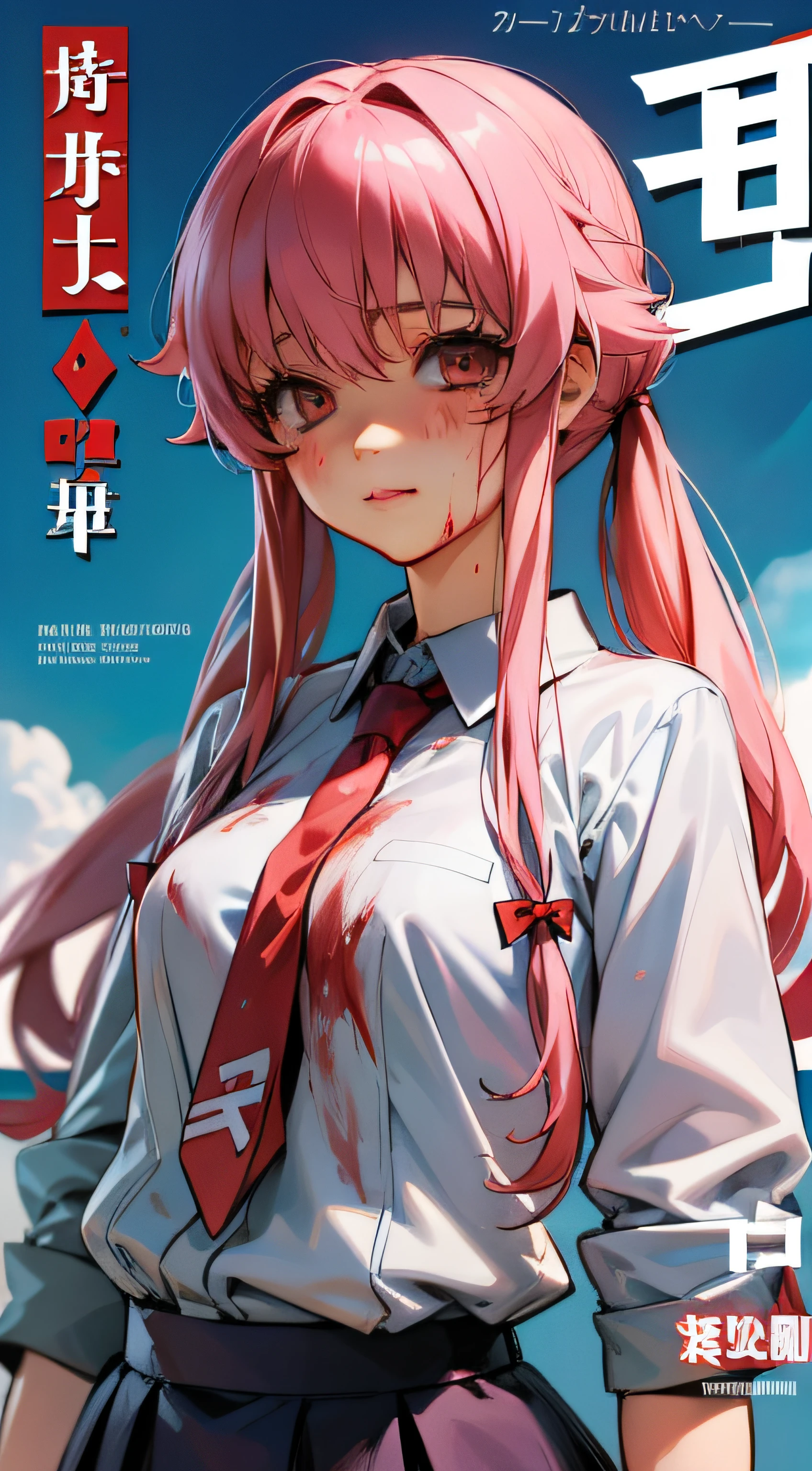 Kasai Yuno,校服，White shirt，Conservative，With a hint of life，Stained with blood，red necktie，Ocean park，Comic cover style，Comic cover title,8K