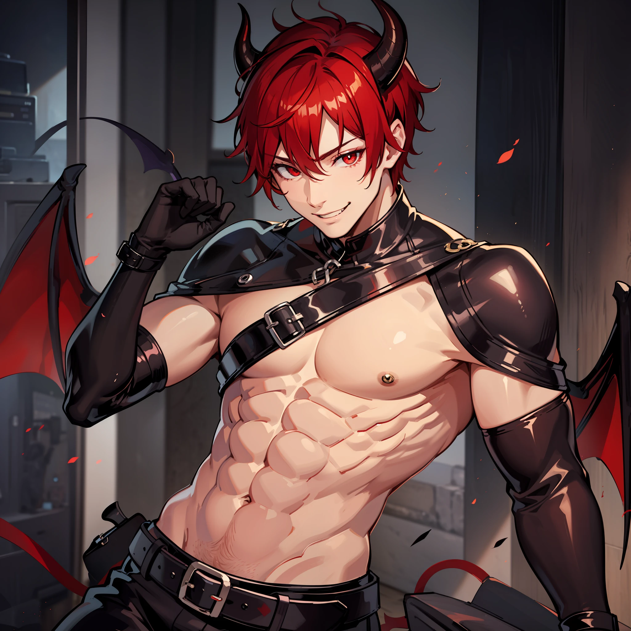 mature male, Demon, White|red hair, Short hair, Horns, red eyes, demon wings, Seduction Smile, topless male, muscular, leather belts, BDSM, leather pants