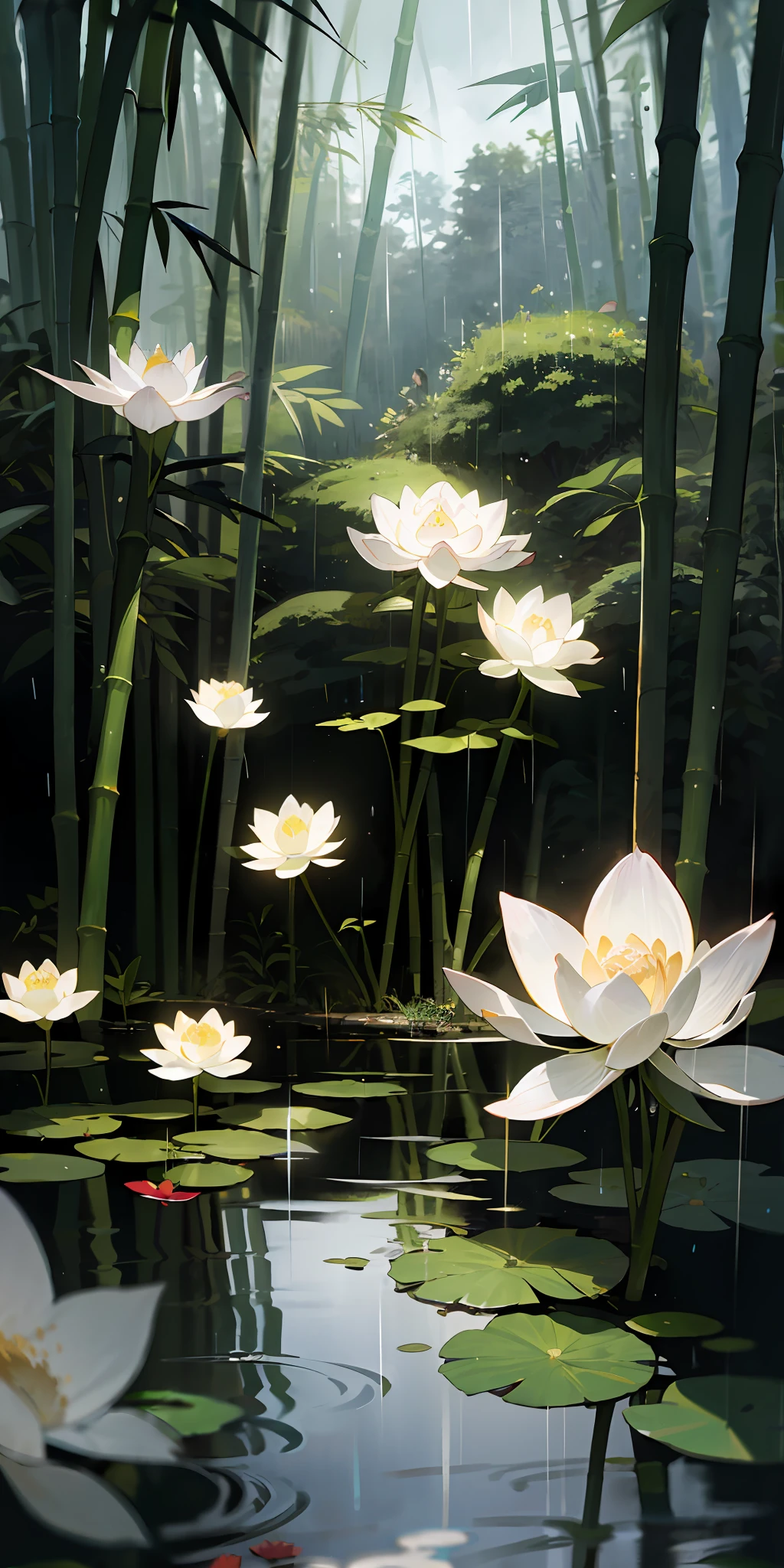 Masterpiece, Best quality, Studio lighting,White wildflowers，Cloudy, dense fog，Small rivers, bamboo forrest,  rain, lighting