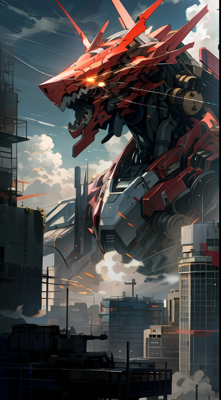 sky, clouds, holding_weapon, dragon, giant robot, , ruins, glowing_eyes, science fiction, city, reality, mecha