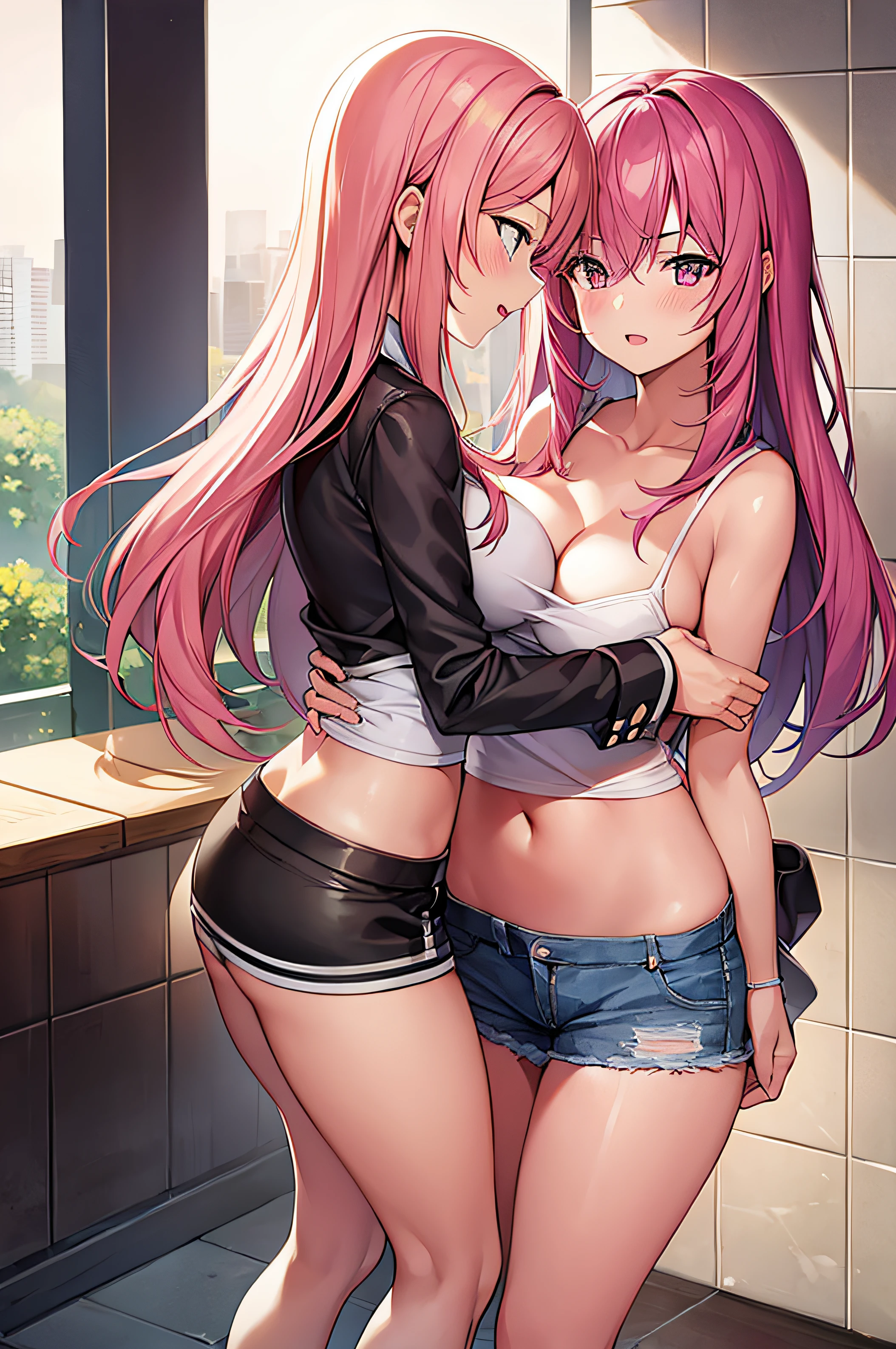 2girls,Pink hair,Rubbing each other's breasts