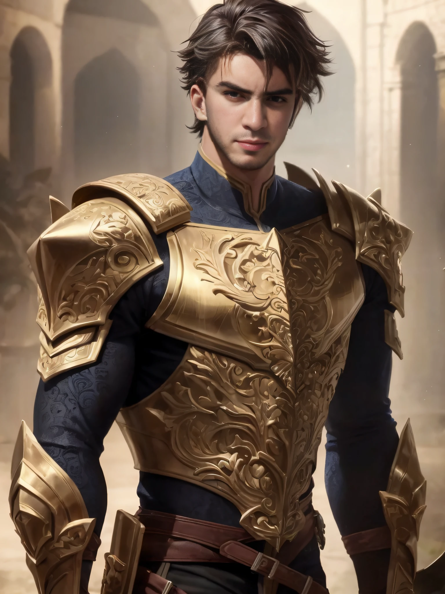 Arafed macho em uma armadura dourada e uma camisa preta, Arsen Lupin como um paladino, Paladino masculino, um paladino masculino humano, paladino fantasia, macho atraente com armadura, Armadura Obsidiana de Ouro, Edmund Blair e Charlie Bowater, atraente macho de carne com armadura, cara bonito na arte demon slayer, retrato masculino da fantasia