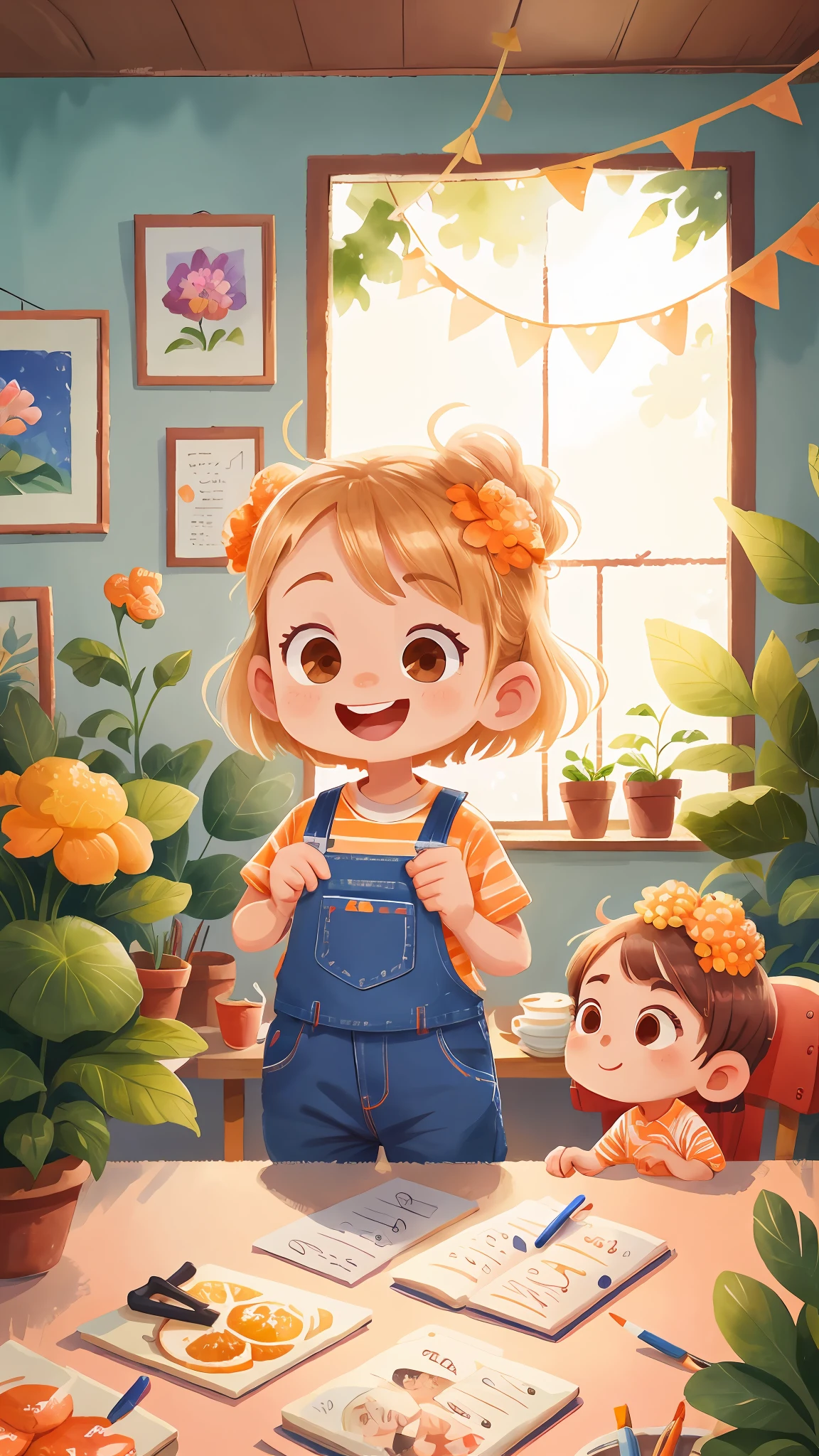 watercolor paiting。Characters on white background，There are many orange hydrangeas，6 year old blonde girl wearing gardener blue jeans （dining room： 0.8）， （tmasterpiece： 1.2） （realisticlying： 1.2） （bokeh） （best qualtiy） （detailedskin： 1.3） （complexdetails） （8K） （detailedeyes） （Sharp focus）， （cheerfulness）