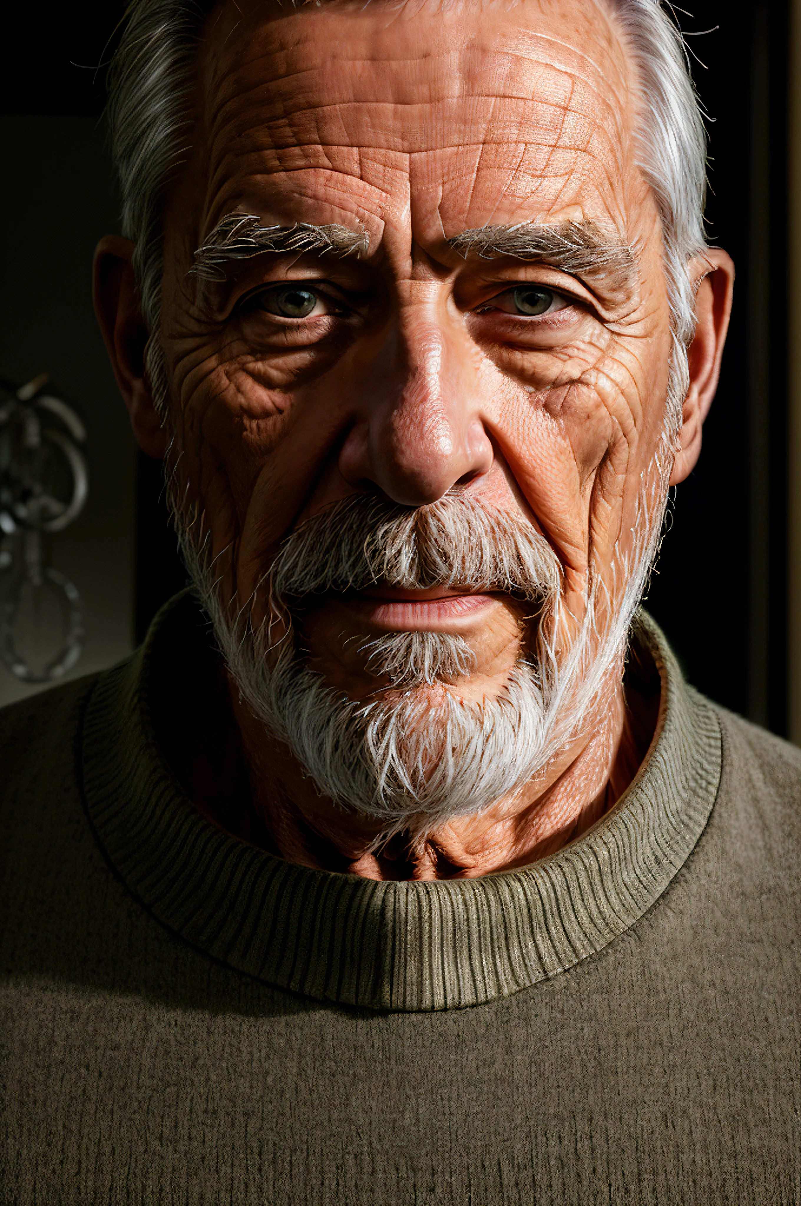 (masterpiece, photorealistic, raw,:1.4), (extremely intricate:1.2), close up, cinematic light, sidelighting, ultra high res, best shadow, RAW, upper body, old man, wearing pullover,
