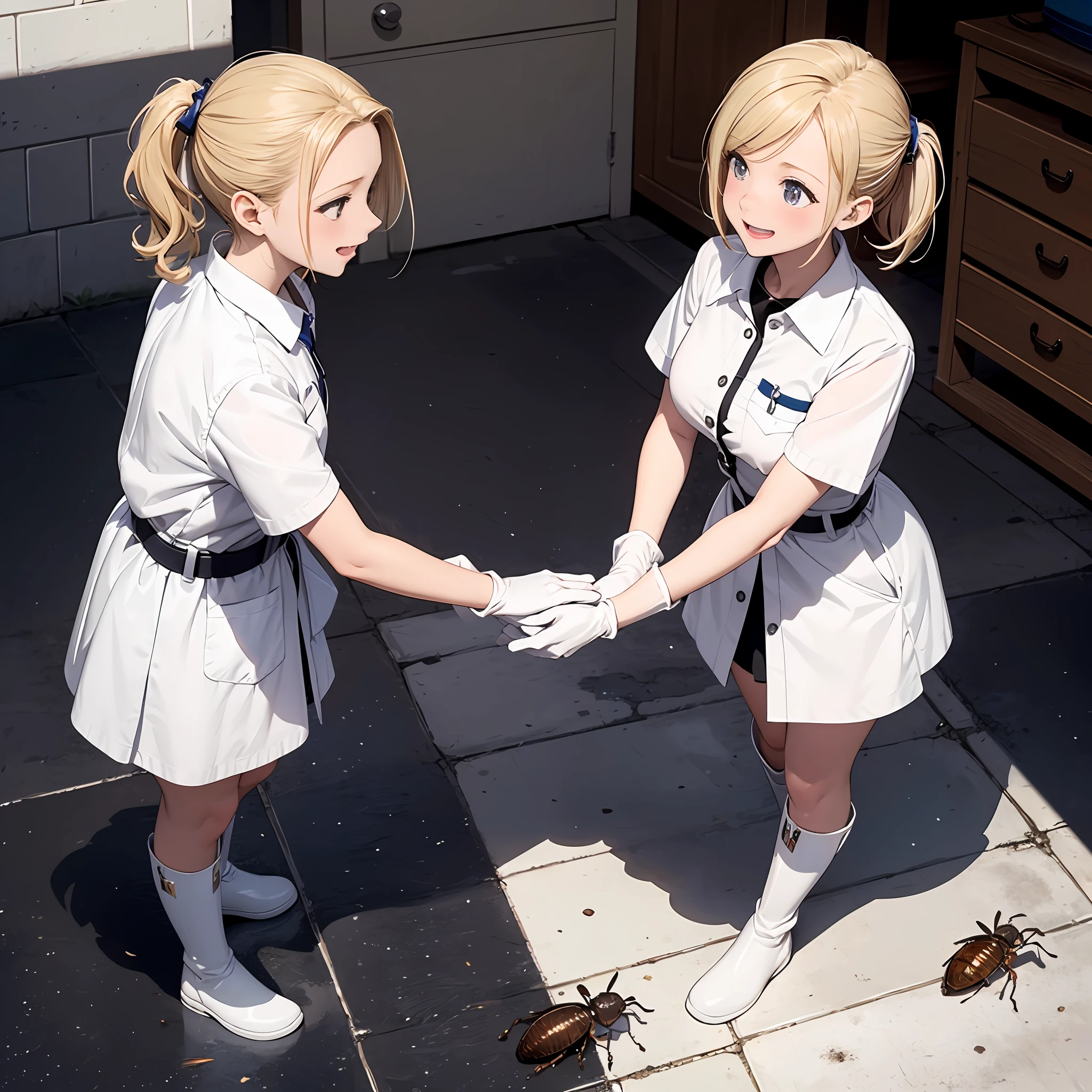 (masutepiece),Best Quality, Ultra-detailed,Beautiful blonde beautiful girl,White protective clothing、white rubber boots、White rubber gloves,A large amount of small cockroaches on the linoleum floor、 Small mass cockroaches filling the ground,Fighting cockroaches、Get rid of cockroaches、Cockroach fluid is crushed and splashed、Standing and trampling、Joyful expression、Look up here、[ 🐛Trampling：1.2]:0.3.
