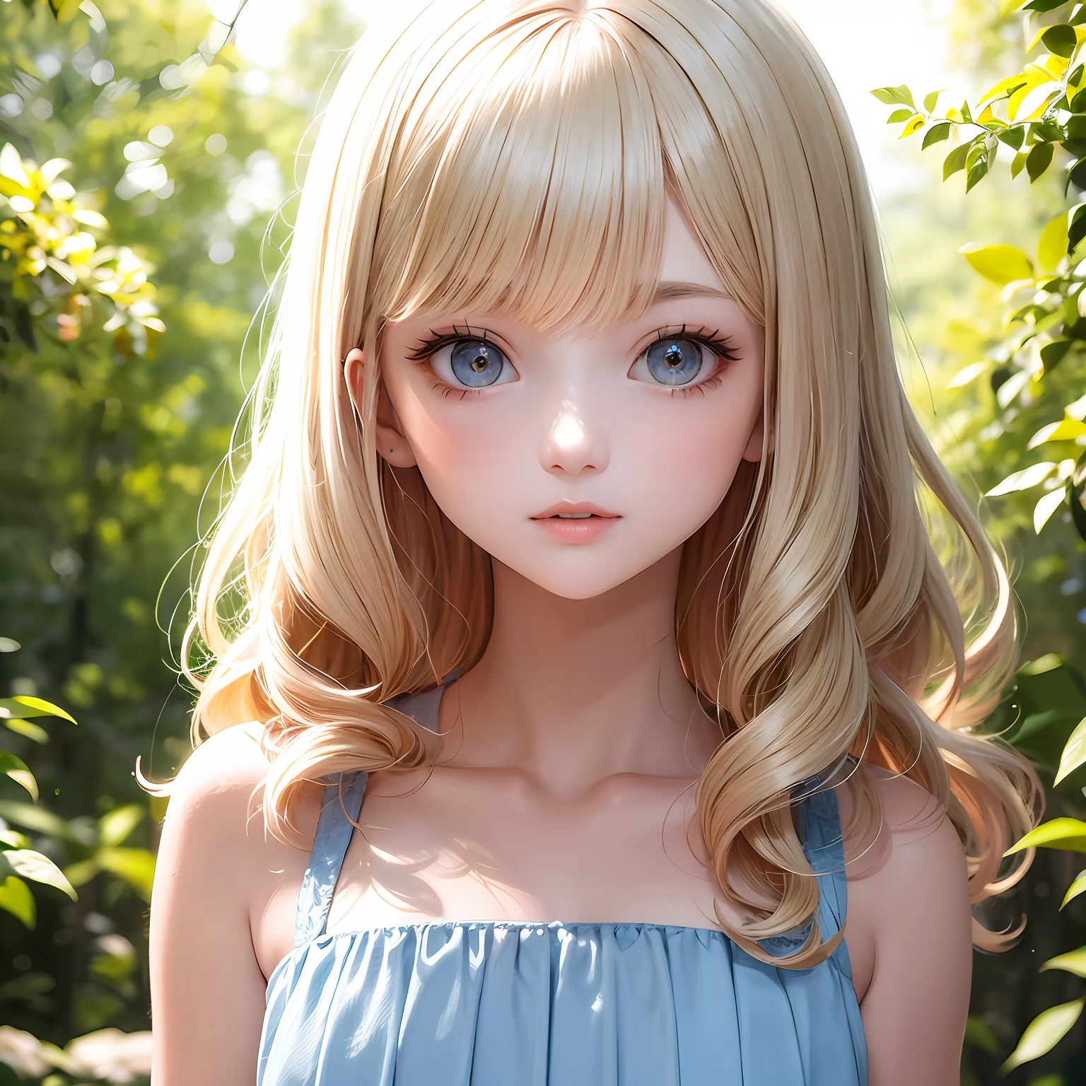 18yo girl,Light blue dress,short and wavy hair,blond hairbl,beautifulface,Red roses in your hands,The upper part of the body,In the woods,tmasterpiece,exquisite detailing