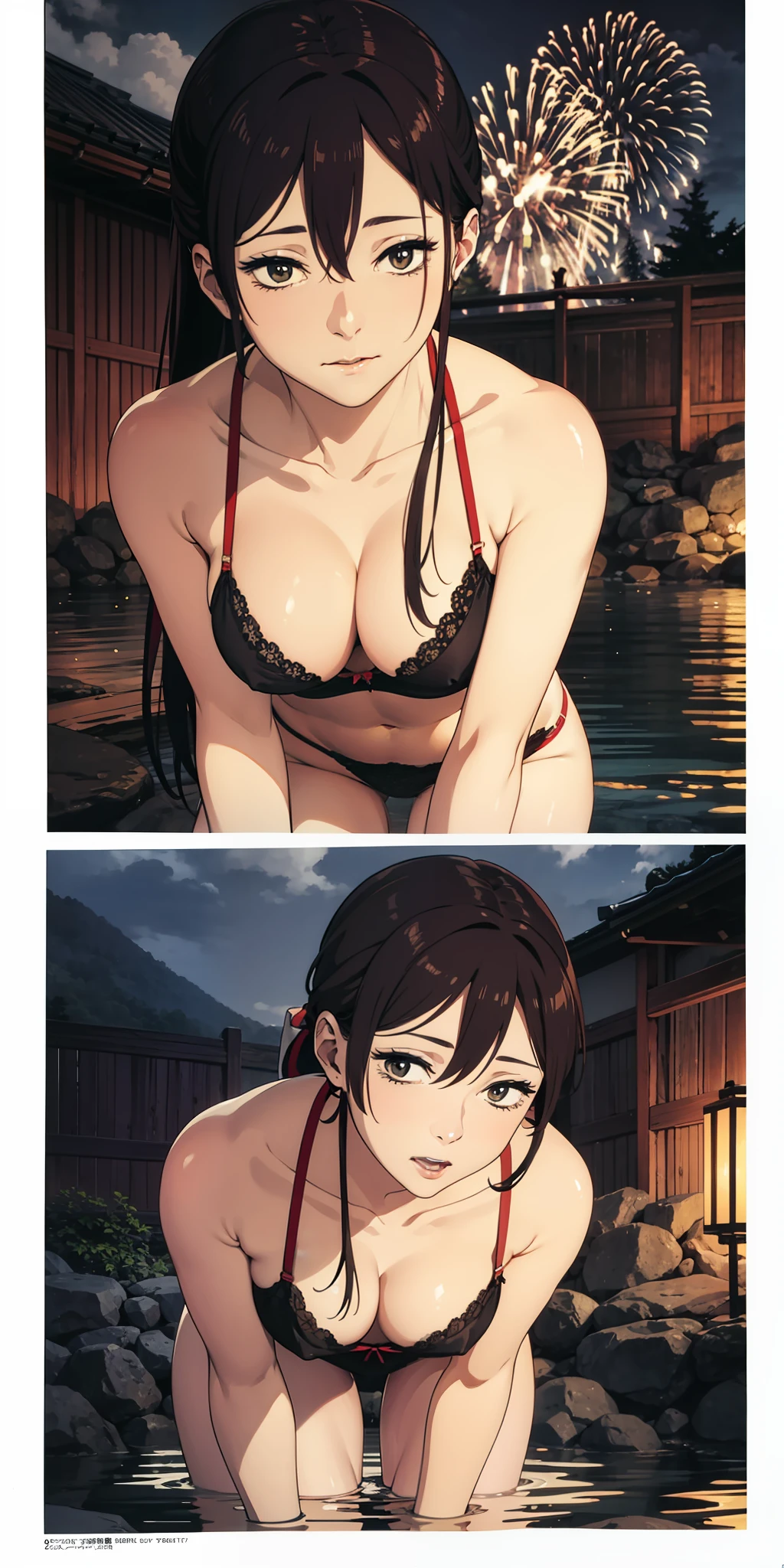 hot onsen,, an lingerie, areolae slip, Hard , barechested, The skin, all-fours、Background fireworks、Same angle of view as the original image