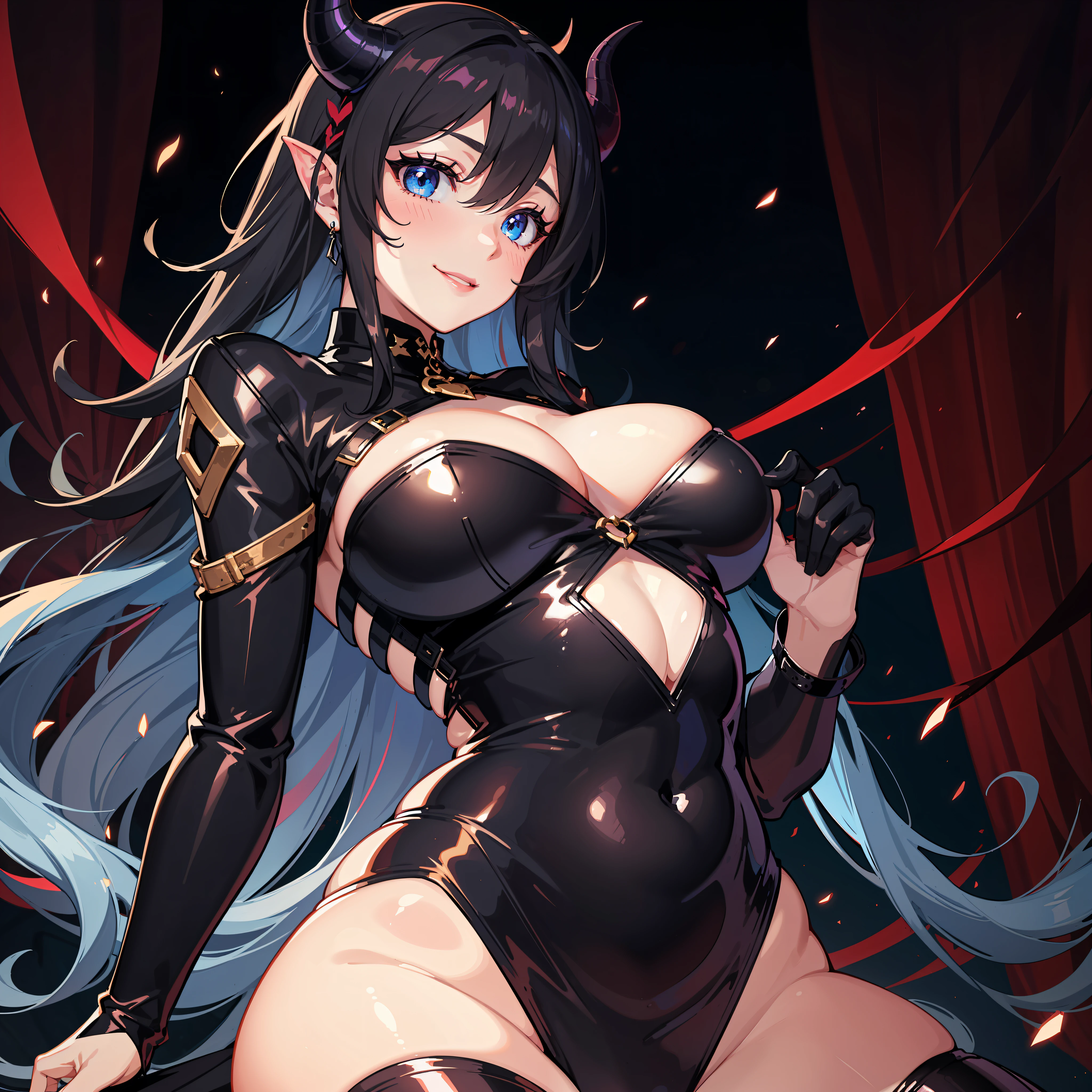 1girl, Demoness, Blue Horns, blue eyes, black hair, plump lips,  Smile, black , Blue Wings, , big 