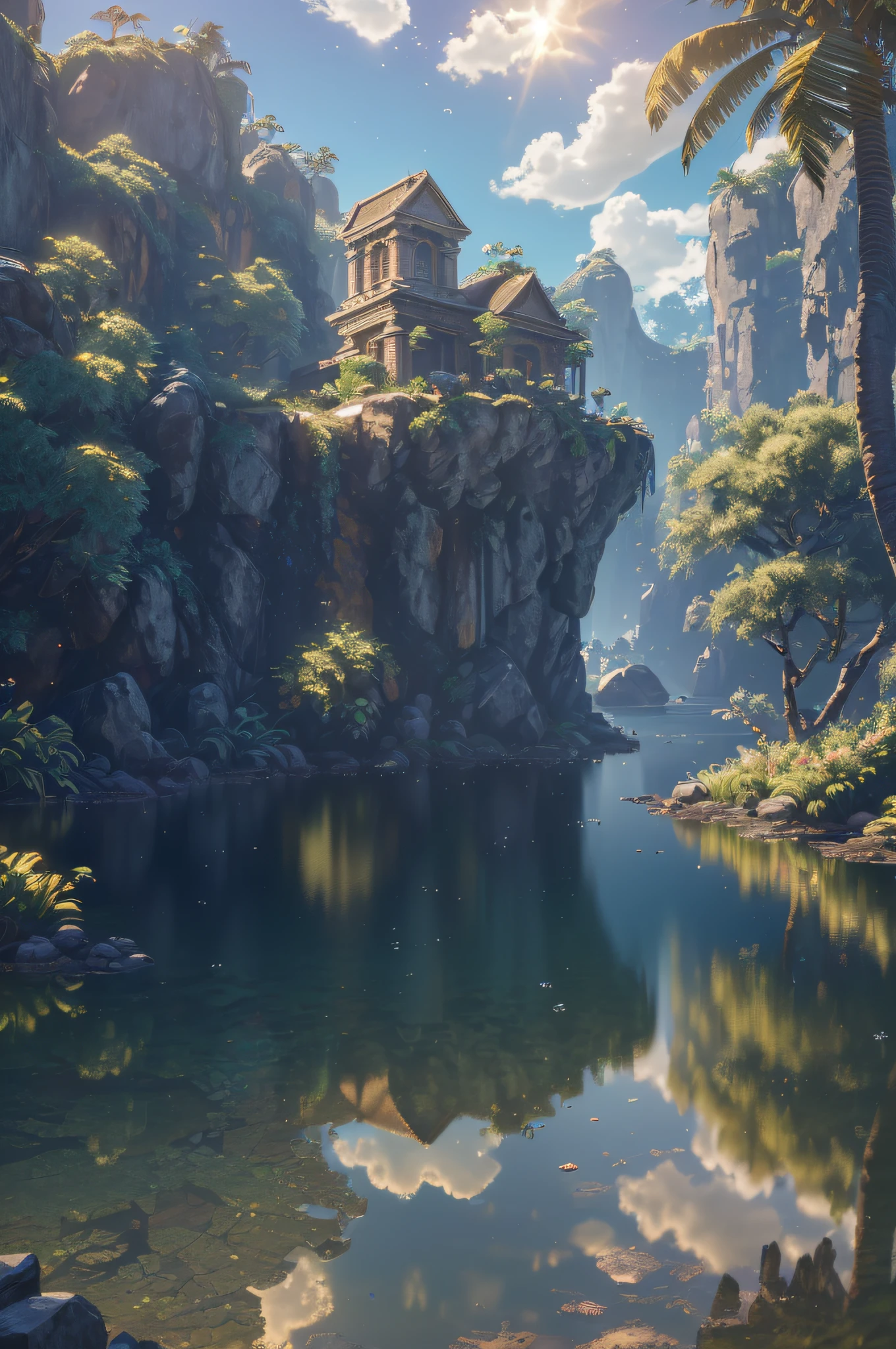 (8k, RAW photo, best quality, masterpiece:1.2), (realistic, photo-realistic:1.37), octane render, ultra high res, ultra-detailed , professional lighting, photon mapping, radiosity, physically-based rendering, ue5, ((island sanctuary)), ((ancient fallen kingdom)), ((reflections in water)), ((raytracing)), ((crystal structure))