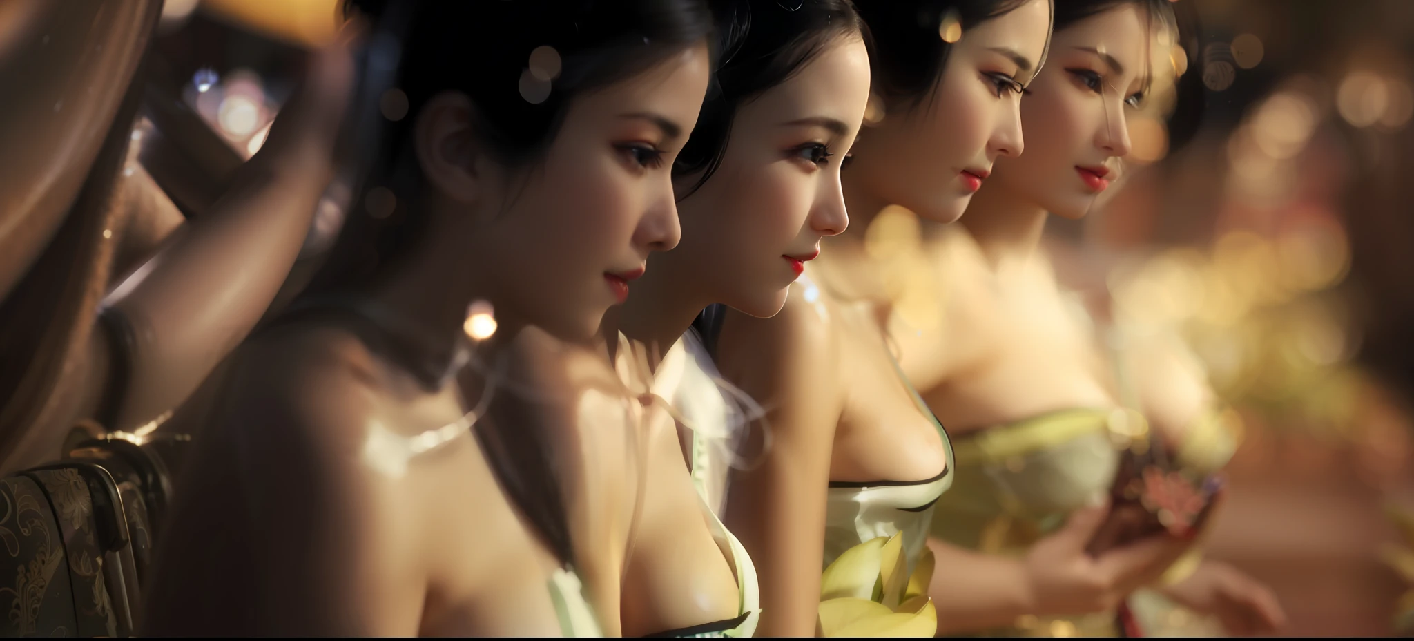 best quality,masterpiece,highres,cg,
splashing, hair bun,black hair,
lighting,candid,Photograph,high resolution,4k,8k,Bokeh, very detailed everything, very beautiful faces, very beautiful eyes, white skin, big breast, bright and contrast background