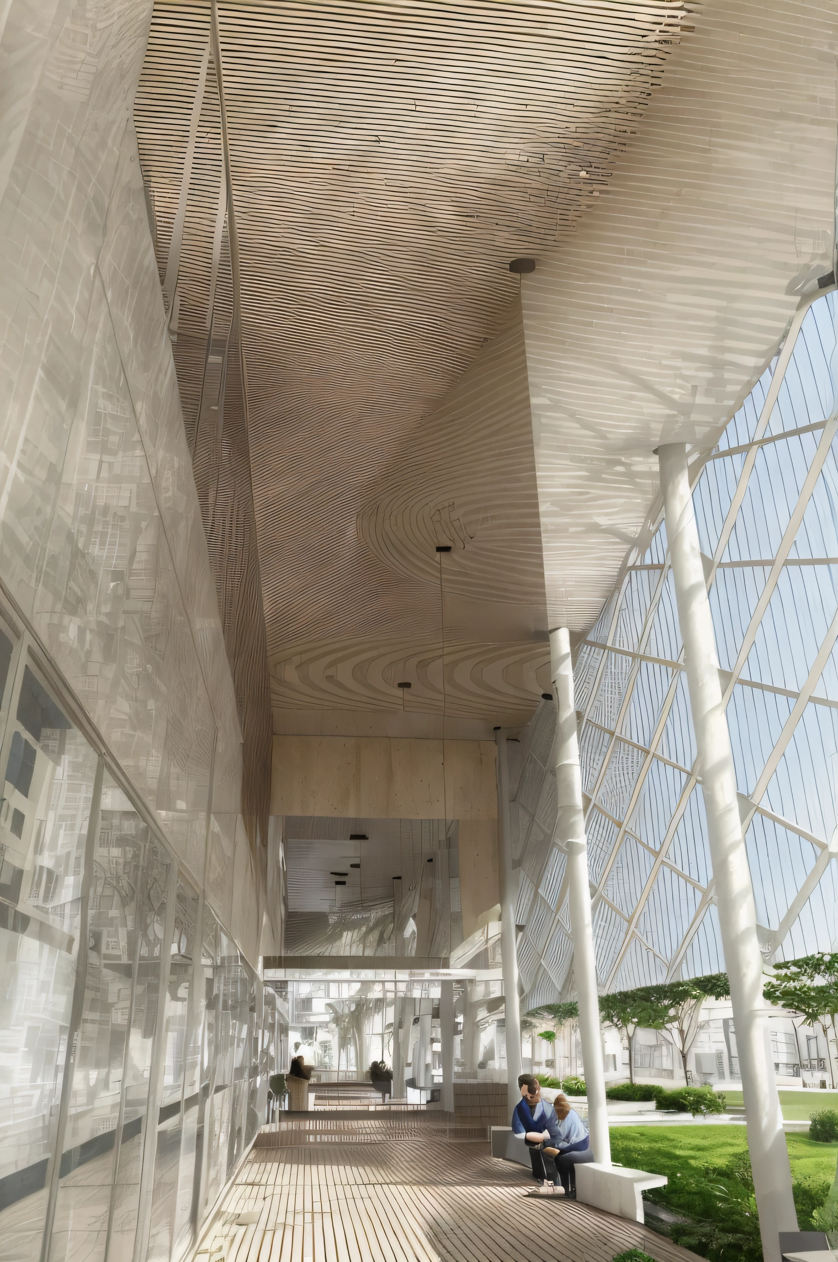 There is a man sitting on a bench in a building, Open sealing, Overhead canopy, Sky made of ceiling panels, low angle wide shot, canopy, 3/4 View from below, View Up, high ceilings, View from below, strong lines, mid-view, Seen from below, high ceilings, View from bottom to top, Metal is cladded