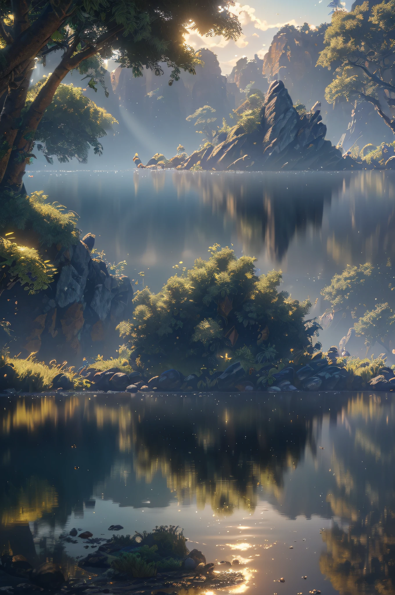 (8k, RAW photo, best quality, masterpiece:1.2), (realistic, photo-realistic:1.37), octane render, ultra high res, ultra-detailed , professional lighting, photon mapping, radiosity, physically-based rendering, ue5, ((island sanctuary)), ((ancient fallen kingdom)), ((reflections in water)), ((raytracing)), ((crystal structure))