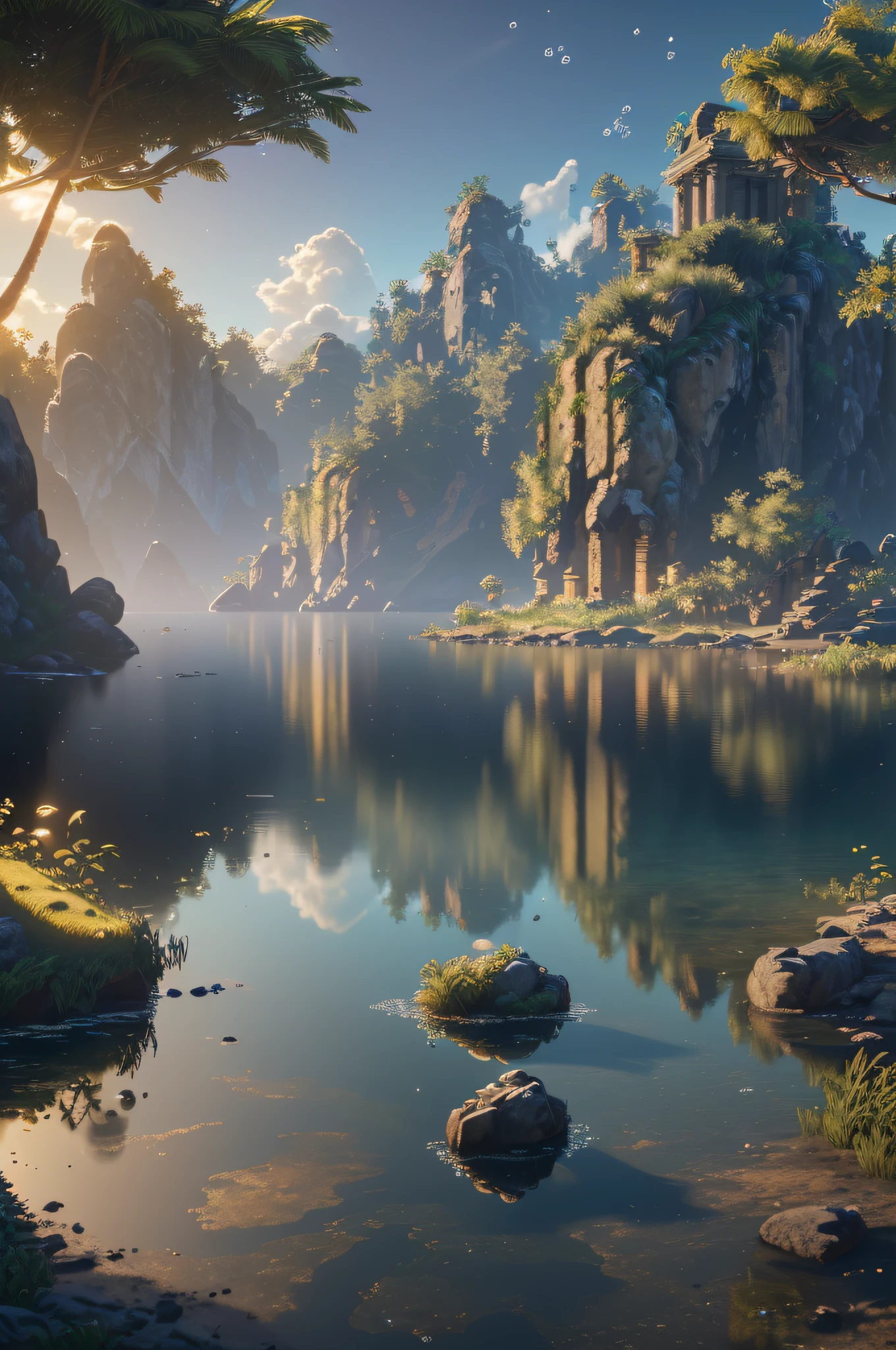 (8k, RAW photo, best quality, masterpiece:1.2), (realistic, photo-realistic:1.37), octane render, ultra high res, ultra-detailed , professional lighting, photon mapping, radiosity, physically-based rendering, ue5, ((island sanctuary)), ((ancient fallen kingdom)), ((reflections in water)), ((raytracing)), ((crystal structure))