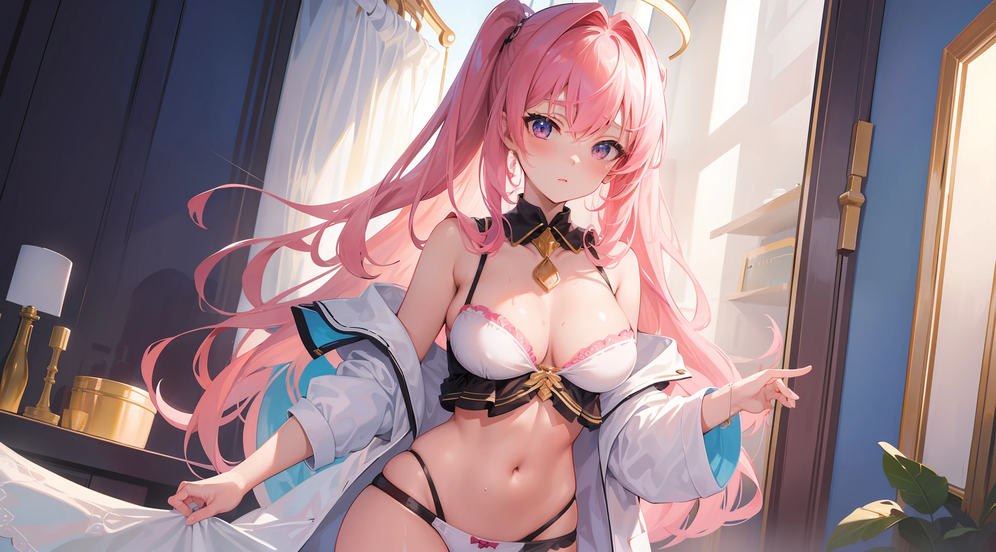 16k, hyper HD, retinas, Masterpiece, ccurate, Anatomically correct, High details, Best quality, High quality, A high resolution，Pink hair，maidennurse，swim wears，比基尼，no clothes are worn，In the daytime，long whitr hair，Hair tied on both sides，Wet hair，mideum breasts，In the bathroom，Brilliant，opulent，first person，illustration，quadratic element，Exposed undergarment，Exposed panties，Bare chest，Open navel，big assa，cropped shoulders，white  panties，cosplay，Asia face，16 yaers old，teens girl