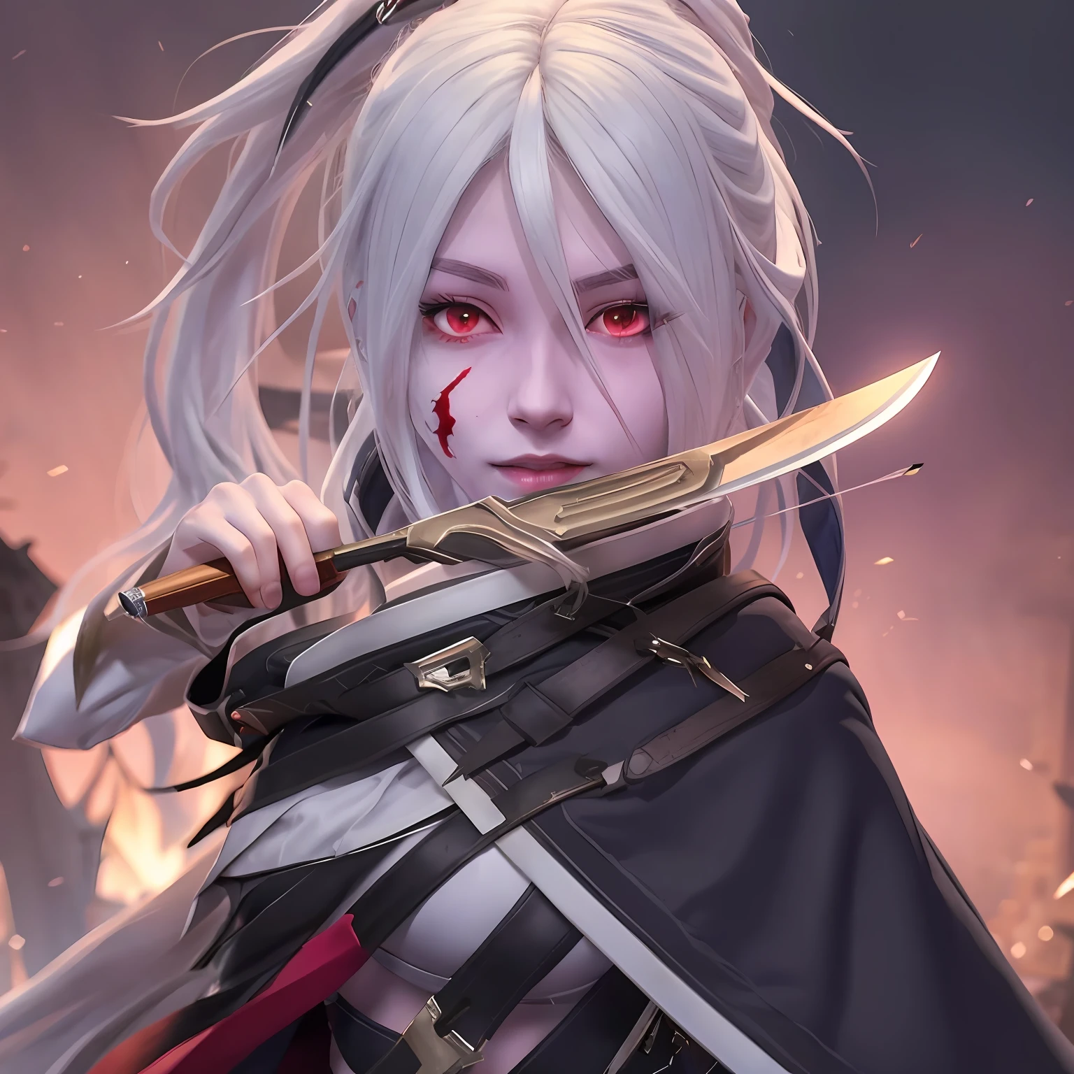 anime girl with white hair and red eyes holding a knife, guweiz on pixiv artstation, guweiz on artstation pixiv, portrait gapmoe yandere grimdark, gapmoe yandere, gapmoe yandere grimdark, trending on artstation pixiv, yandere, clean detailed anime art, guweiz, zerochan art