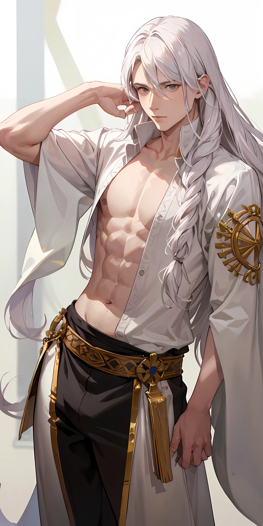 Long-haired man holding up his big belly