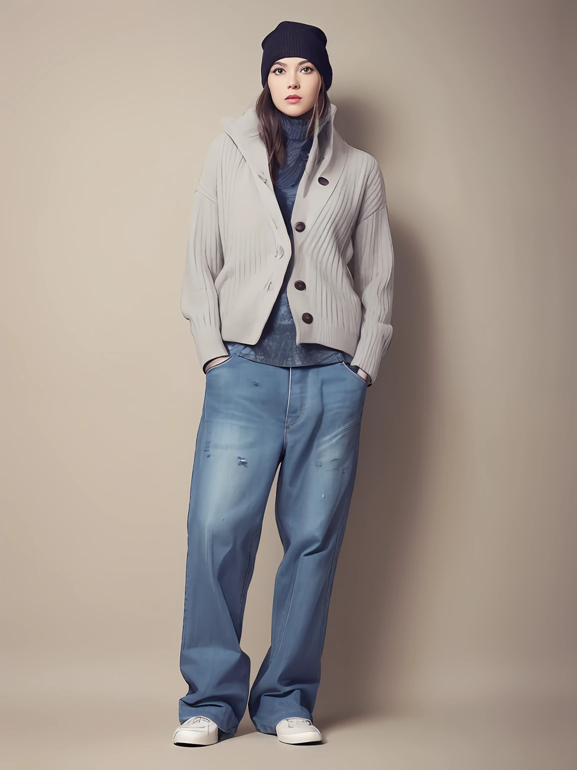 Woman in grey sweater and jeans standing in front of grey background, Loose jeans, Inspired by Alexander Mann, Loose pants, full body view, Inspired by Joop Sanders, ad image, Inspired by Jakob Emanuel Handmann, making: Kiyoshi Yamashita, mark, Casual attire, cardigan, detailed image, Full-body close-up shots