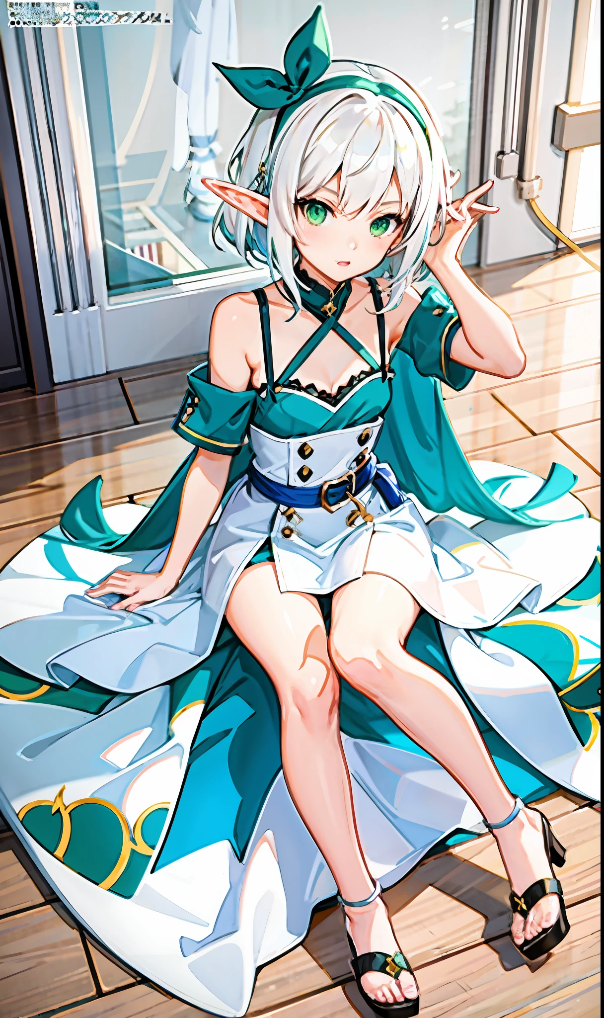 Anime girl with white hair and green eyes sitting on the floor, cute anime waifu in a nice dress, Elf Girl, Detailed anime artwork, detailed anime art, small curvaceous loli, Splash art anime Loli, 8K high quality detailed art, clean and meticulous anime art, Pisif, at pixiv, loli in dress, Elf Princess