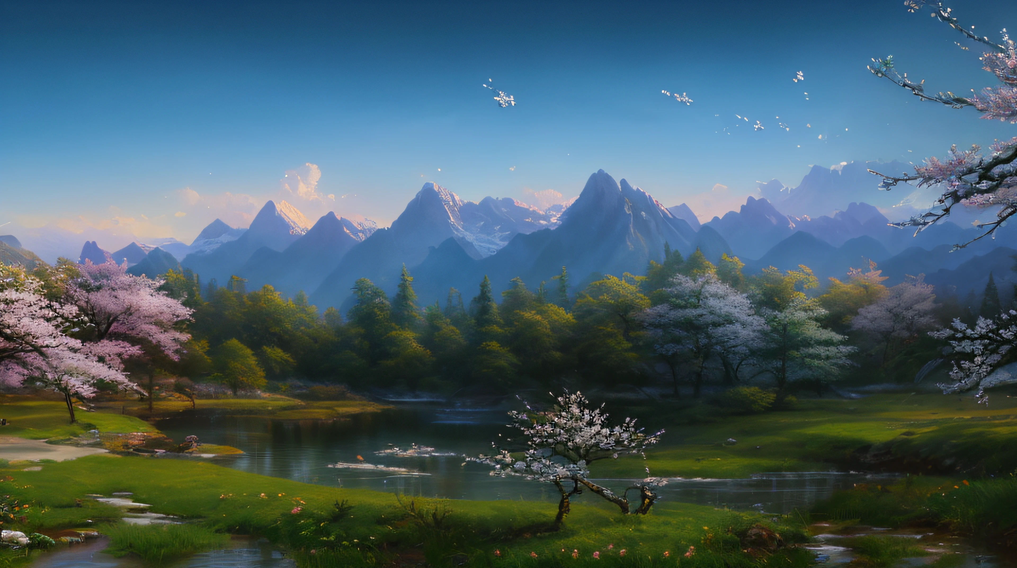 landscape,water,(extremely detailed CG unity 8k wallpaper), most beautiful artwork in the world,professional majestic oil painting,intricate, High Detail, Sharp focus, dramatic, photorealistic painting art,blossom bloom