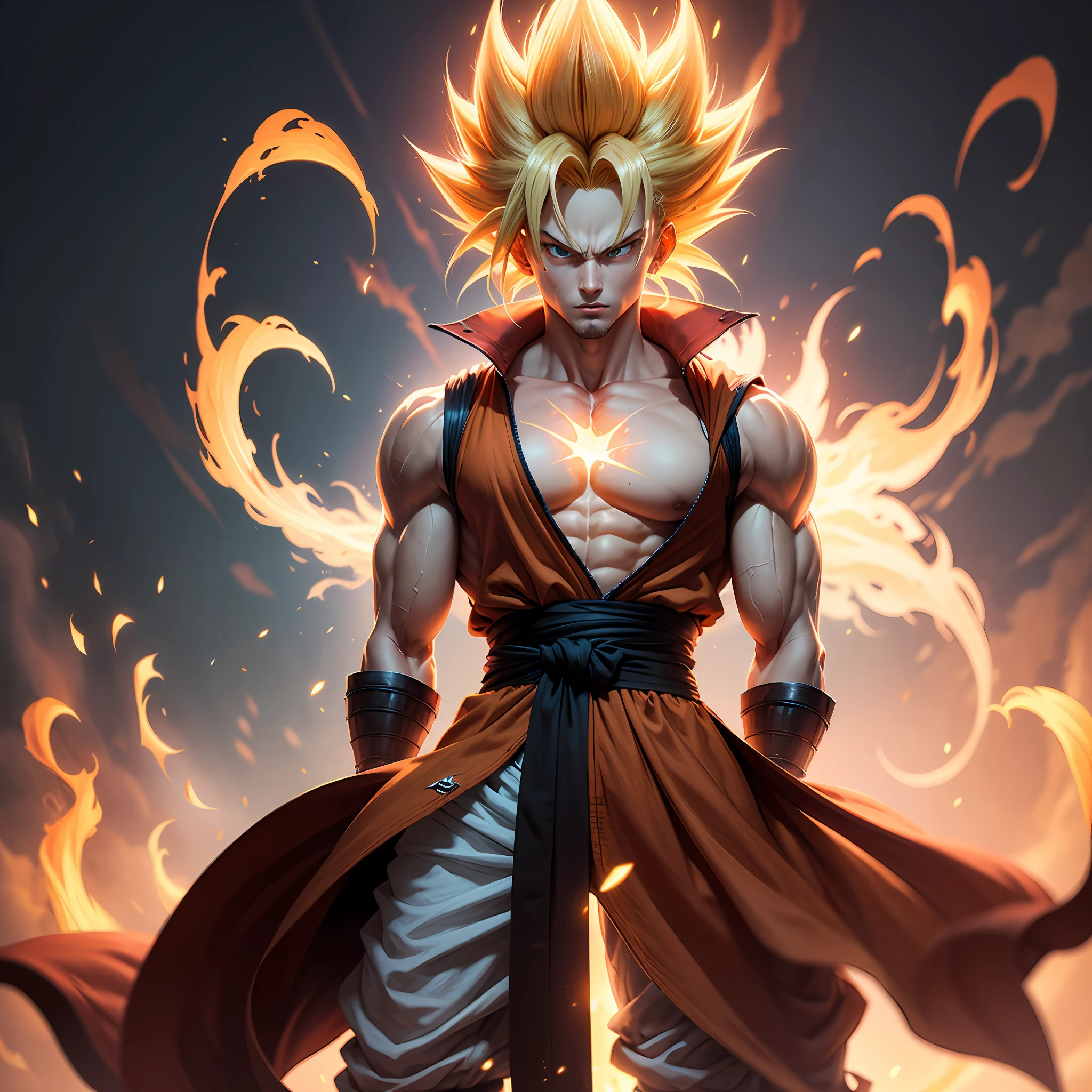Imagine uma fada com poderes de fogo, with similarities to the character Goku, usando duas espadas, (estilo anime), 2d, (High Definition), (super detalhado), asas vermelhas em chamas, espadas em chamas, super Saiyajin.