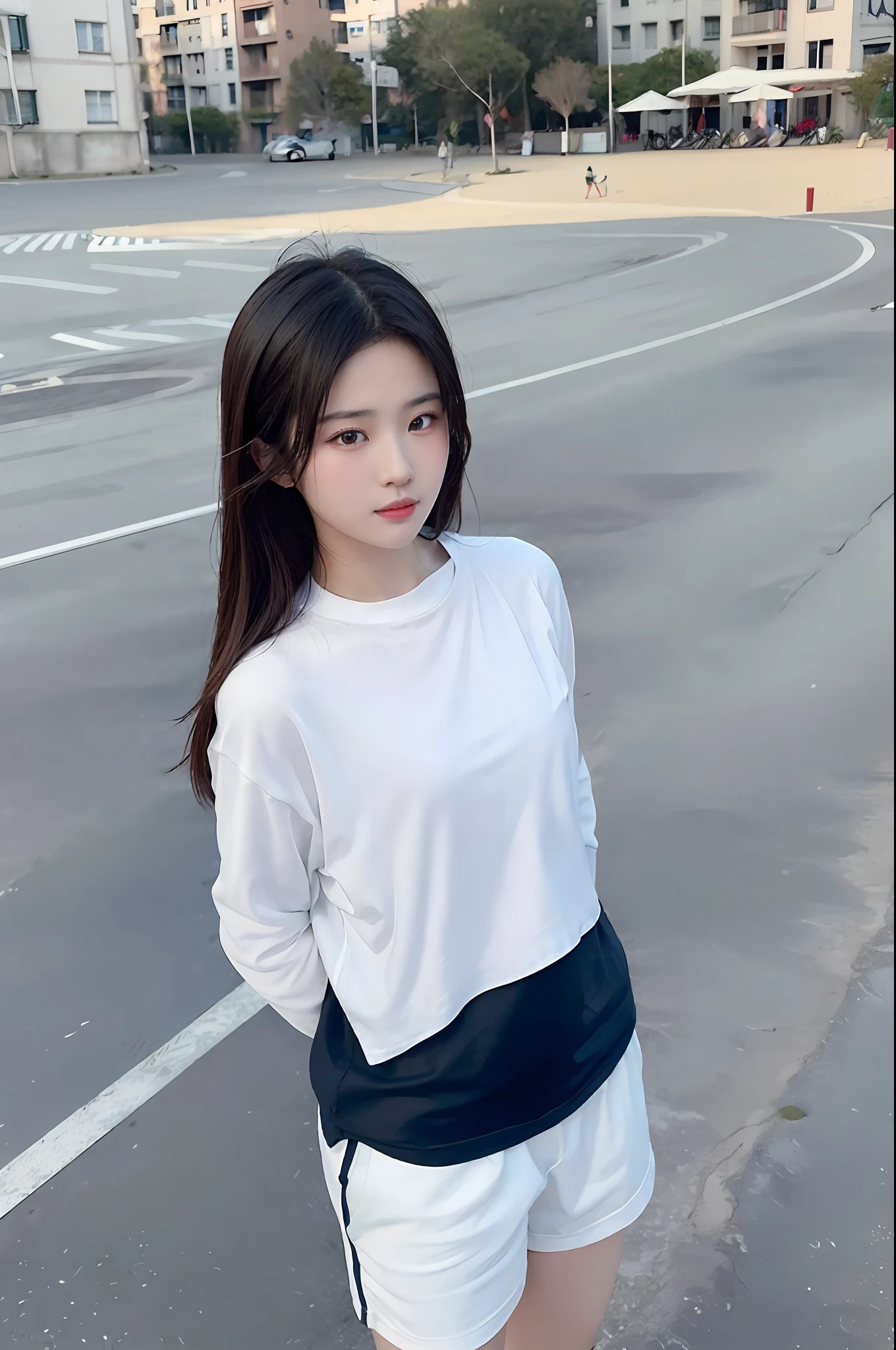 （photograph of-realistic：1.55），tmasterpiece，top-quality，the detail，femele，the city street，femele，TFG1，White gym clothes，beachside
