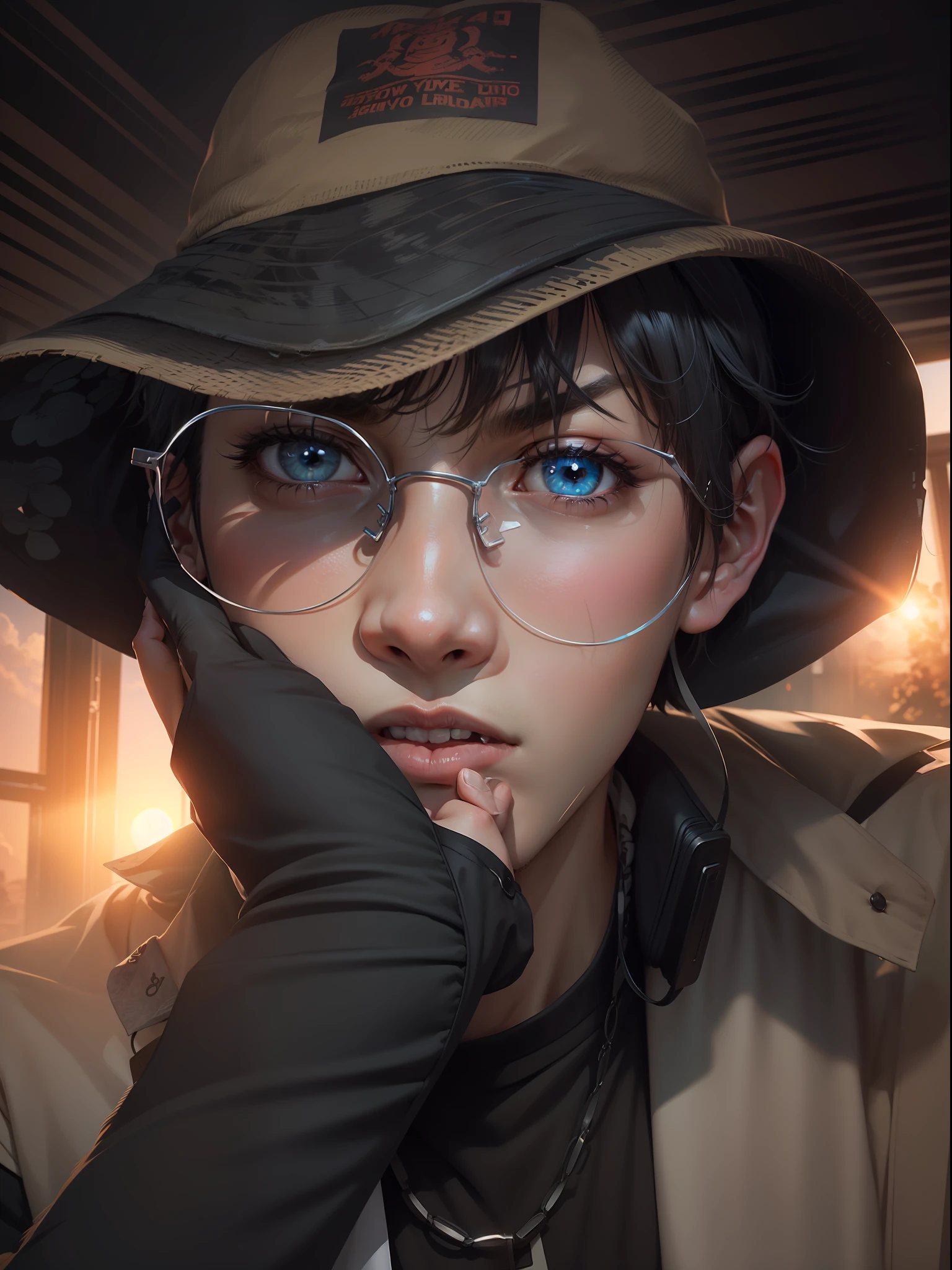 Two-dimensional boys,cool guy,Delicate facial features,black color hair,A high resolution,a sense of atmosphere,Warm light and shadow,At sunset,Apocalyptic background,ultra-delicate,Detailed depiction,Hair details,juvenile sense,Anime male protagonist,eBlue eyes、juvenile sense,8k wallpaper