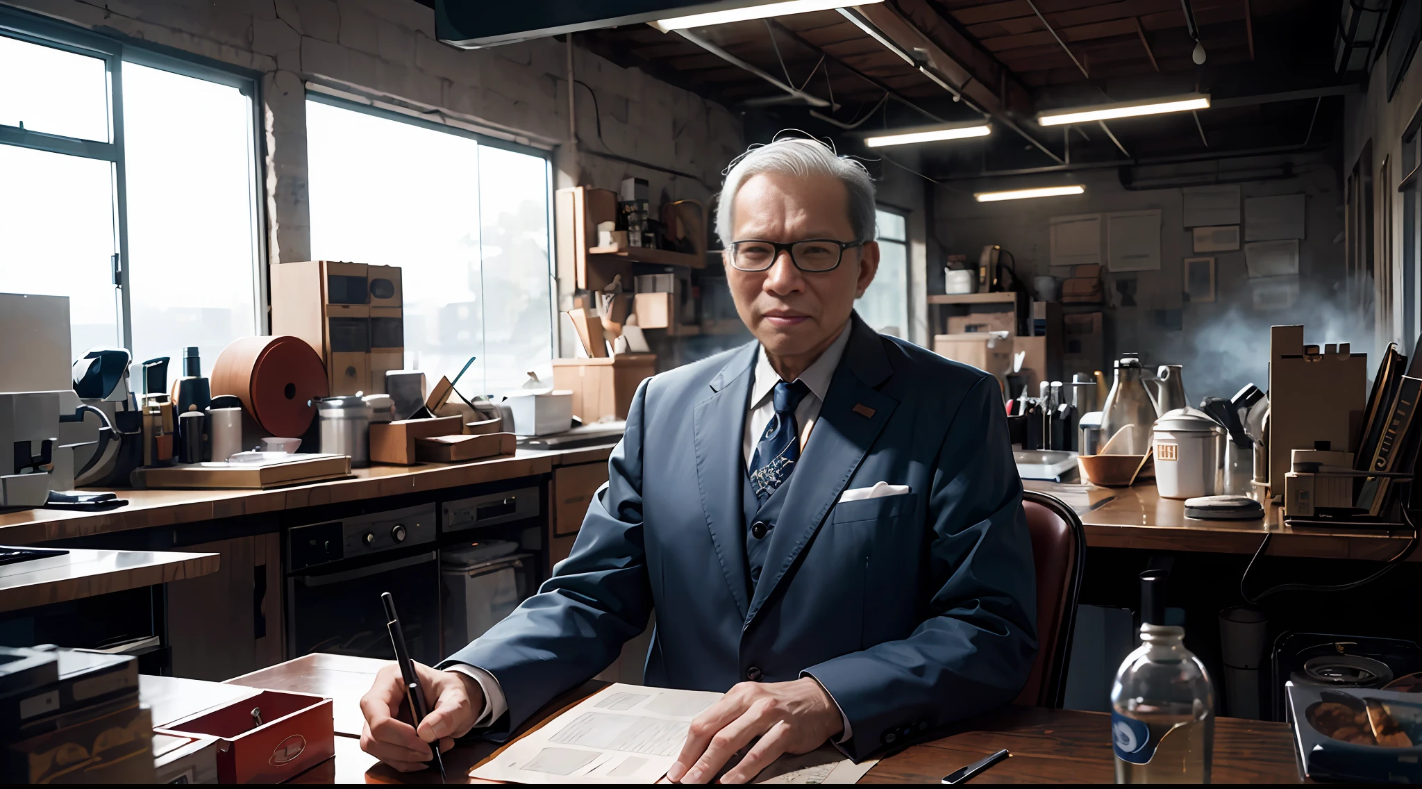 whaite hair,Dazzling,serious,cinematic grain,projected inset,Denim backlit lens,American propaganda poster,tmasterpiece,Best Picture Quality,High definition 8K。A old man,capitalist,The period of the Industrial Revolution,wear suit --auto