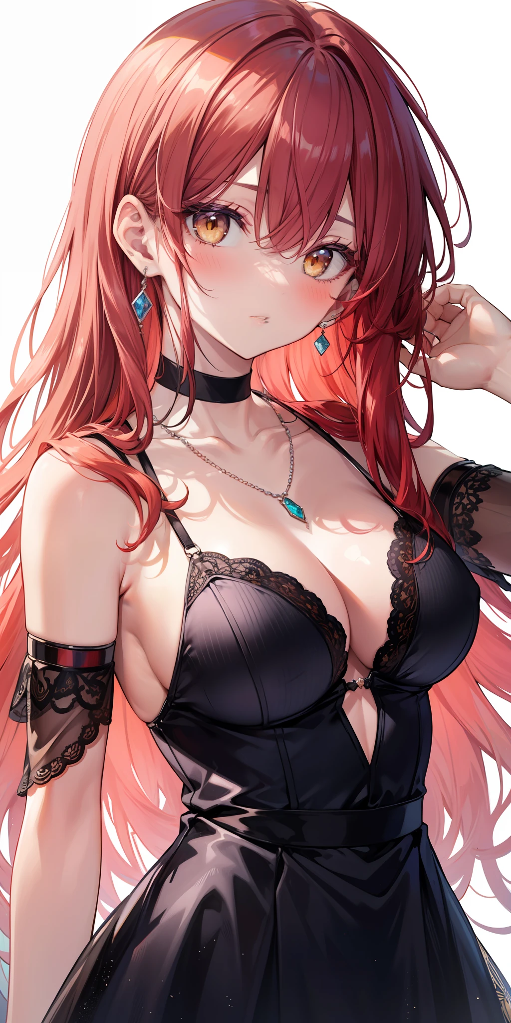 tags: masterpiece, best quality, 1girl, breasts, jewelry, red hair, dress,
    earrings, long hair, solo, blush, big breasts, necklace, evening dress, black
    dress, deep neckline, look at who is looking, white background, neckline,
    revealing clothes, yellow eyes, bare shoulders, armpits, hair between the eyes,
    simple background, collarbone, upper body, bangs, hand in own hair, parted
    lips