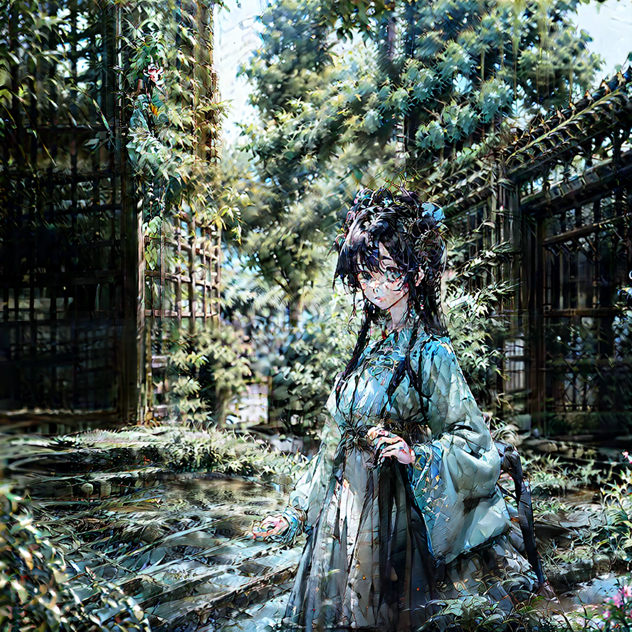 Long black hair，Noble，Blue gauze dress，largeeyes，The skirt flutters，noble，Red head rope，rainy days，Bluestone path，standing water，cyber punk perssonage，best qualtiy，tmasterpiece，Light，Need，hyper HD