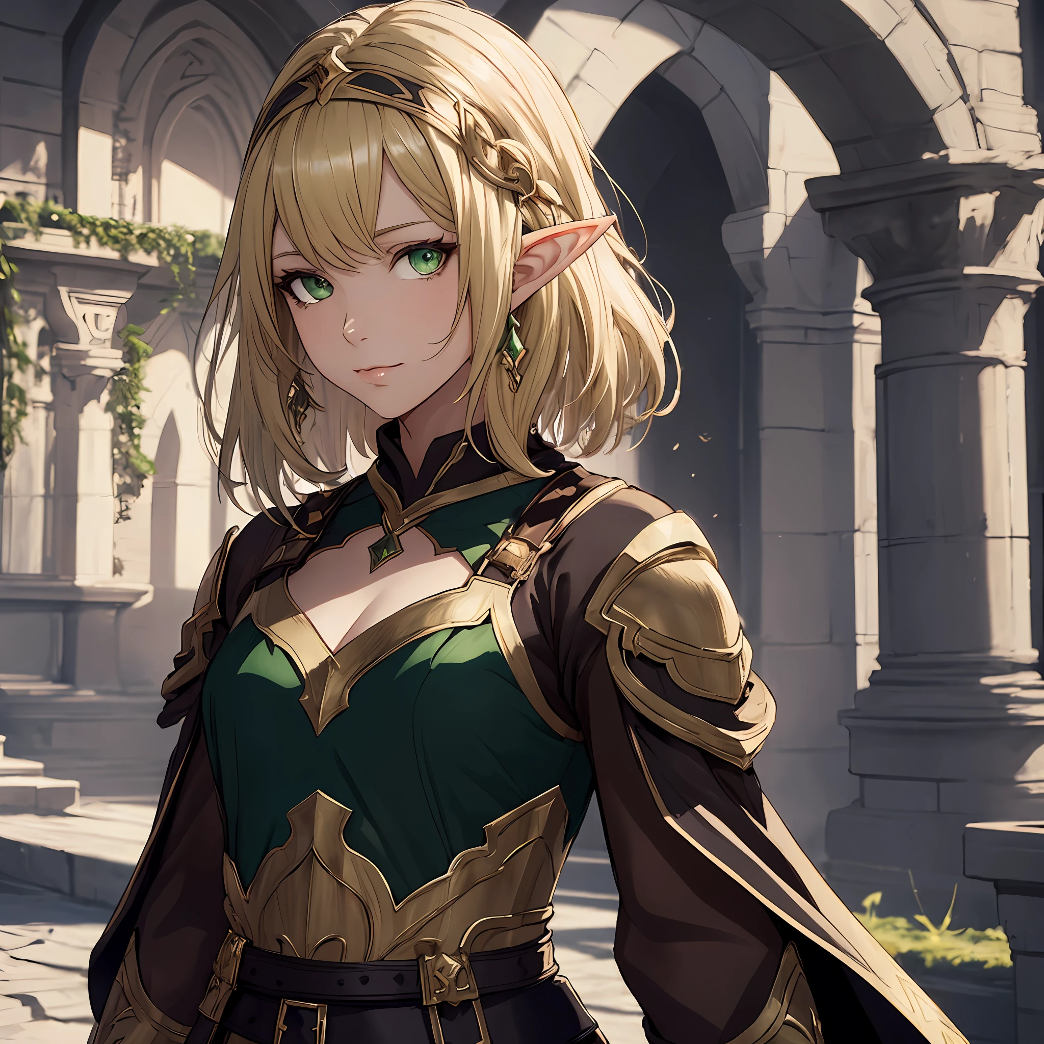 masterpiece, best quality, 1woman, adult, female focus, solo, blonde hair, medium hair, vibrant green eyes, looking at viewer, closed mouth, Fantasy aesthetics, Highly detailed, shadowverse style, Elf Attire, Elf outfit, elf ear