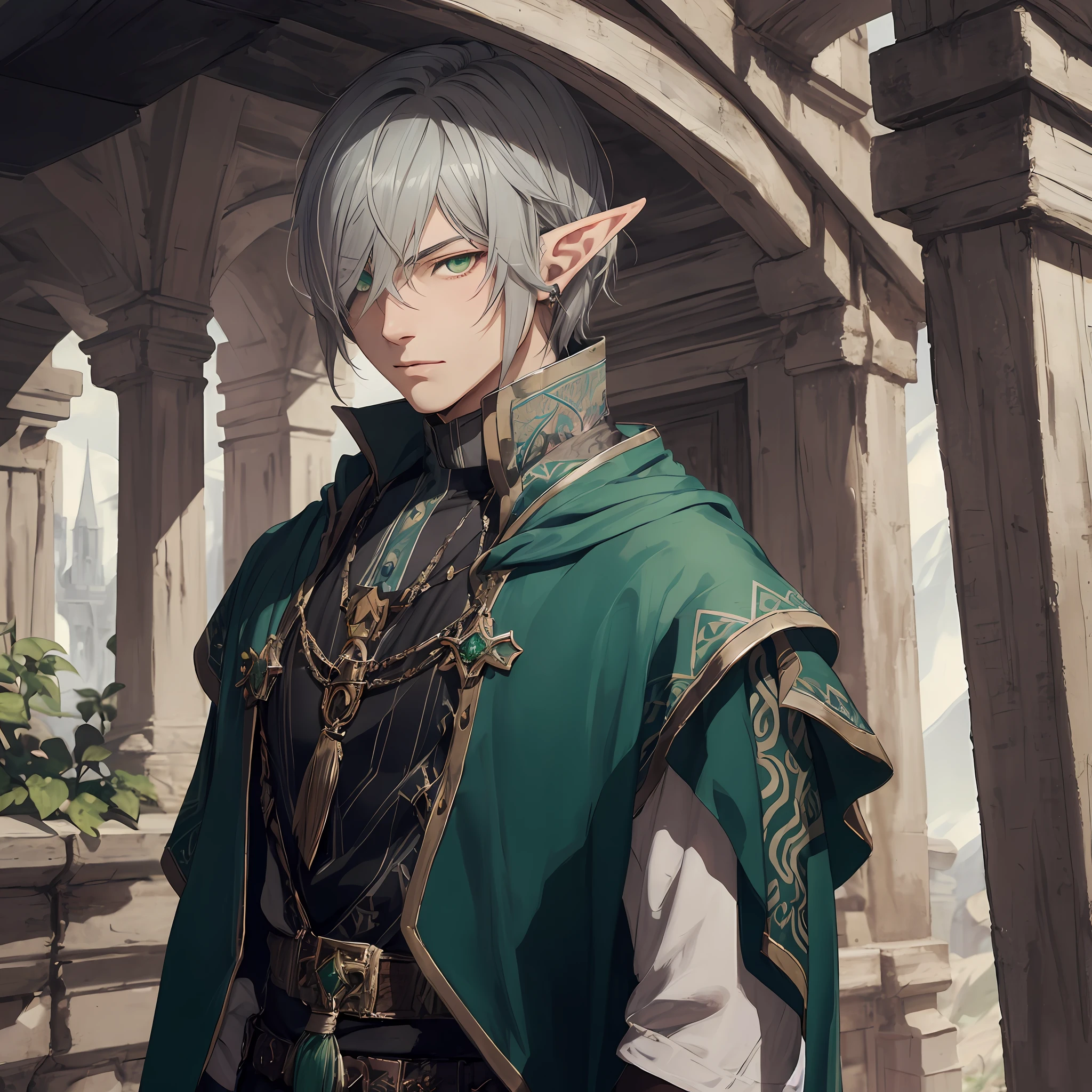 masterpiece, best quality, 1man, adult, male focus, solo, gray hair, vibrant green eyes, short hair, hair covering one eye emo hair, looking at viewer, closed mouth, Fantasy aesthetics, Highly detailed, shadowverse style, elf attire, elf ear, shaman, shaman attire