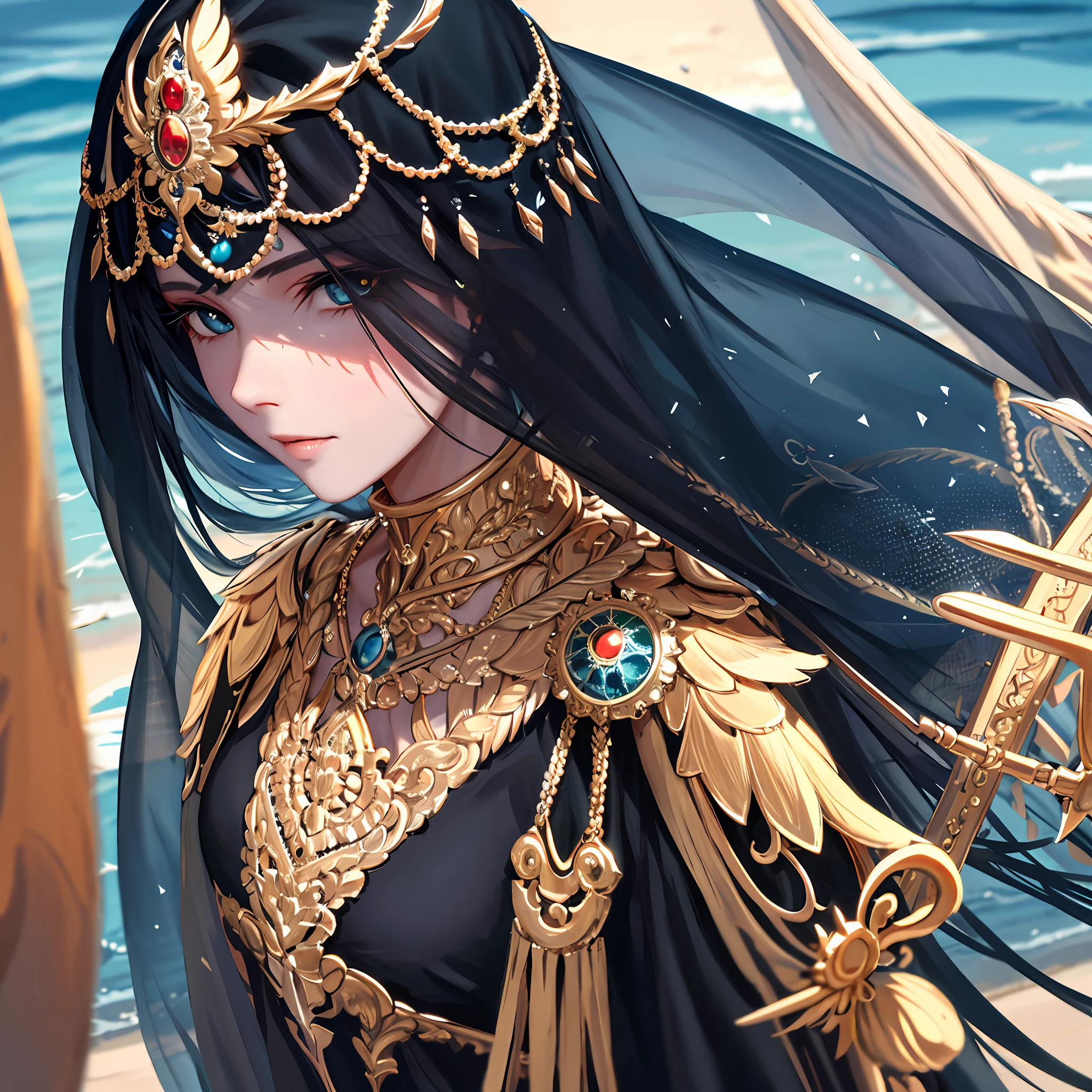 Black hair, fish hair ornament, black mouth veil, aqua eyes, Bored, High details, hyper HD, Best quality, A high resolution, Super detail, Award-Awarded，sideface，