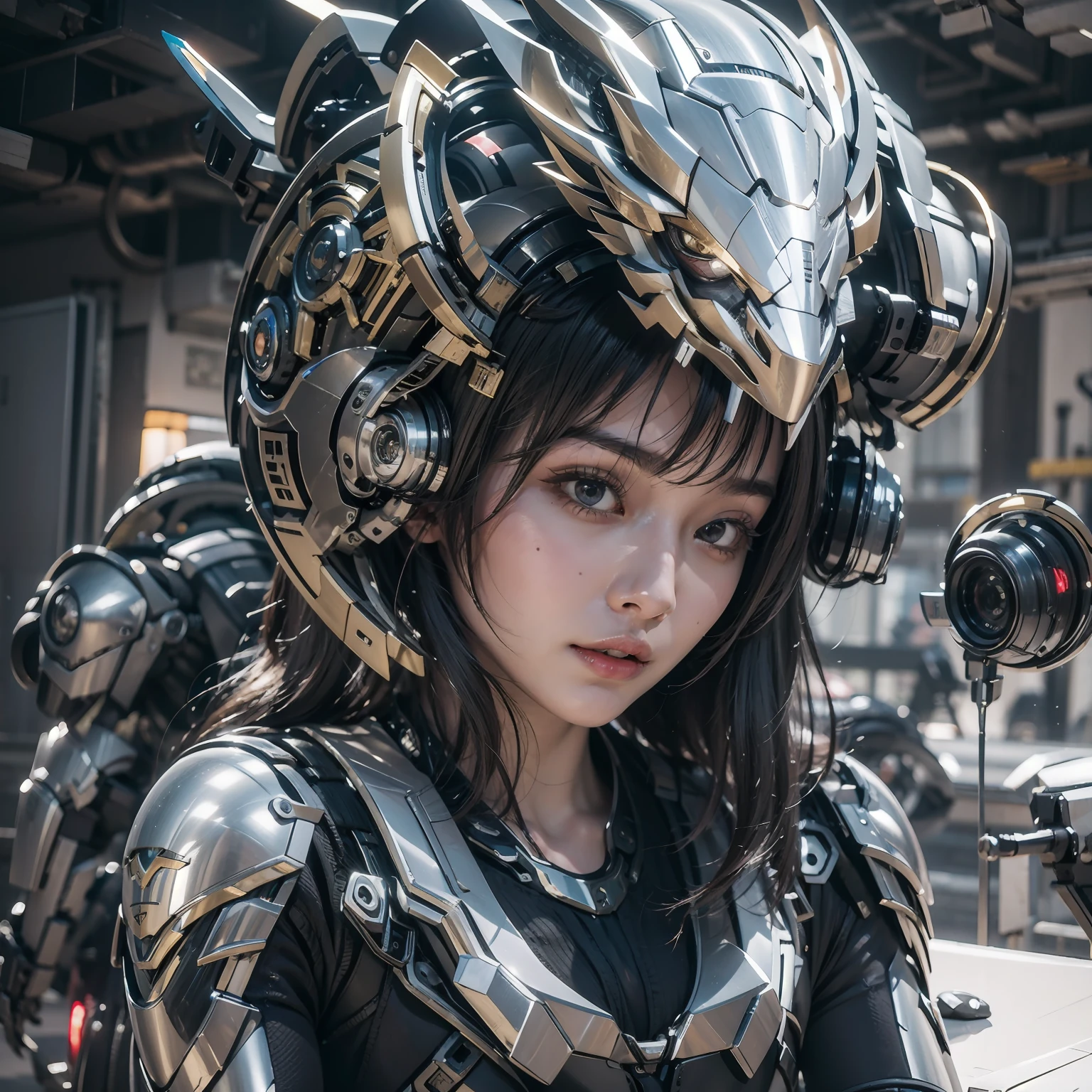 1girll,Big eyes,Perfect facial features,With a mecha helmet,mechs,Photorealsitic,Metallic,sitting on a stool,eyes looking at the lens,Lips slightly open,There is a mecha dragon behind him,Dragon,best qualtiy,c4d渲染,rendering by octane,Cinematic quality,tmasterpiece,16k