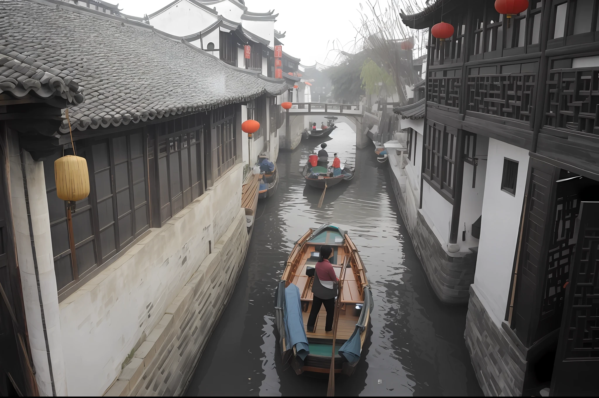 There are many boats down the river, zhouzhuang ancient town, dreamy Chinese towns, Chinese Village, 3 river boats, Sitting on a small bamboo boat, canal, stunning sight, canal, By water and boat, shanghai, chinese architecture, Hangzhou, ancient Chinese architecture, Inspired by Li Di, Farbe, Photo Shot