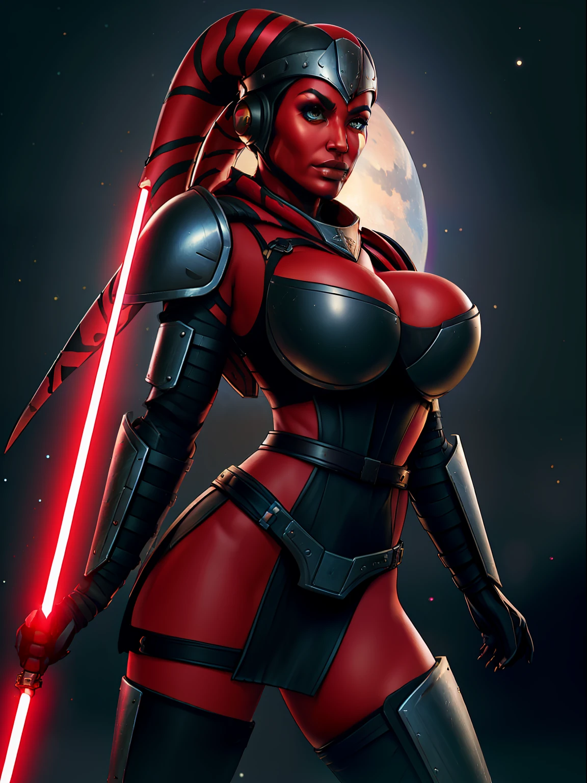 armor, busty, massive tits, gigantic boobs, huge cleavage, ((red skin), twi'lek), dual red lightsabers, evil space knight, space ninja, (wearing heavy black armor, robes, black stealth armor, hip armor, breastplate, tunic, tabard, cowl, cloak, body glove, straps, buckles, skirts, long sleeves, fantasy, ((armor))), ((busty), slender body, thin, slim sexy body, slim waist, (((gigantic breasts)))), Imperial starship, Star Wars, warlockandboobs