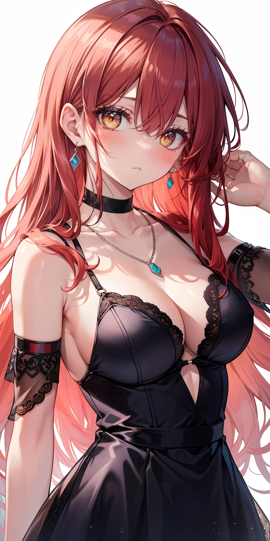 tags: masterpiece, best quality, 1girl, breasts, jewelry, red hair, dress,
earrings, long hair, solo, blush, big breasts, necklace, evening dress, black
dress, deep neckline, look at who is looking, white background, neckline,
revealing clothes, yellow eyes, bare shoulders, armpits, hair between the eyes,
simple background, collarbone, upper body, bangs, hand in own hair, parted
lips