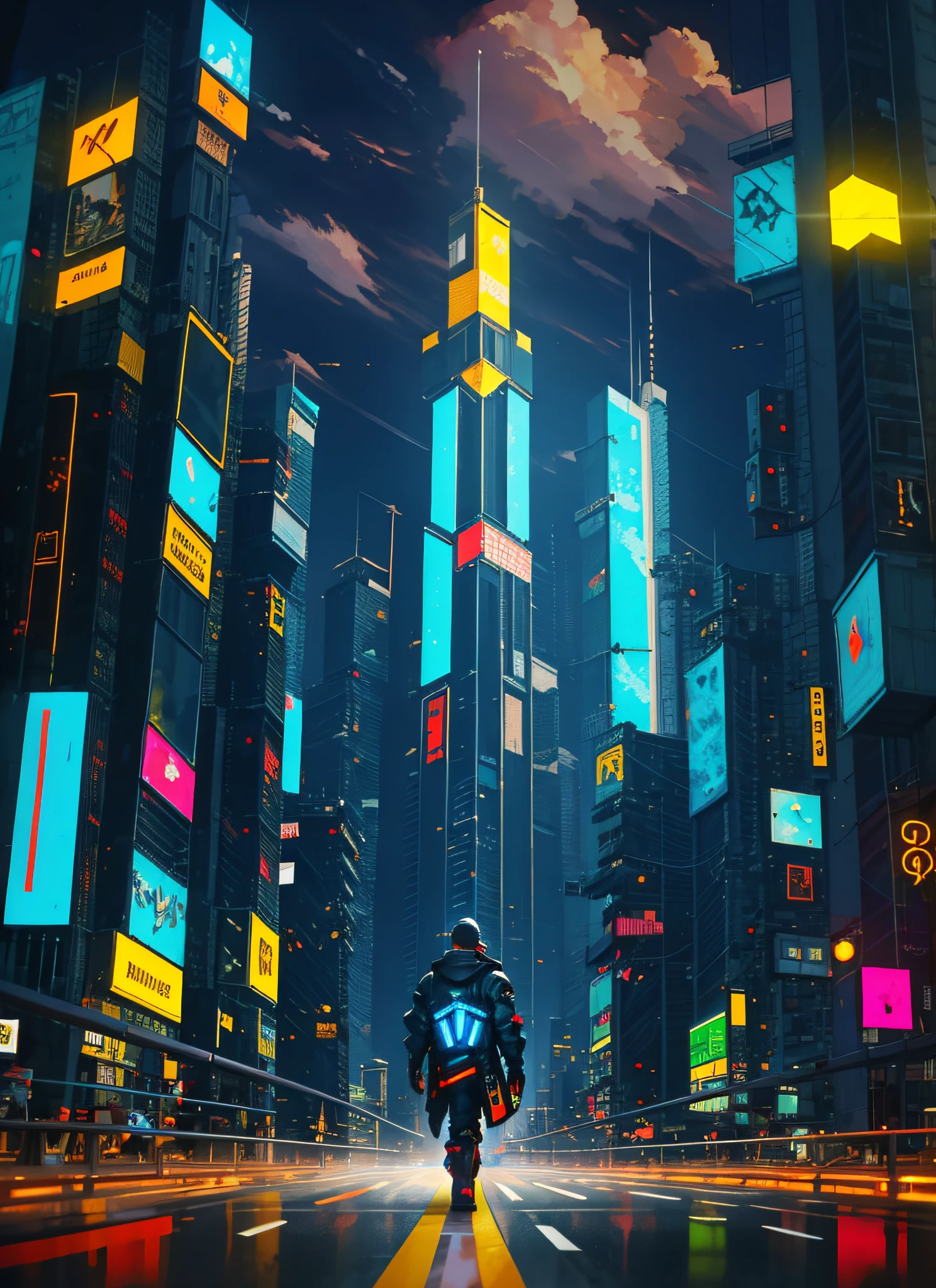 Cidade futuristica,A man walks in the middle of the road, in a futuristic cyberpunk city, at cyberpunk city, Cyberpunk art style, detailed neon cyberpunk city, busy cyberpunk metropolis, at a cyberpunk city, Cyberpunk city, futuristic cyberpunk city, cyberpunk vibrant colors, cyberpunk city in the distance, In a cyberpunk city, at a cyberpunk city, arstation and beeple highly