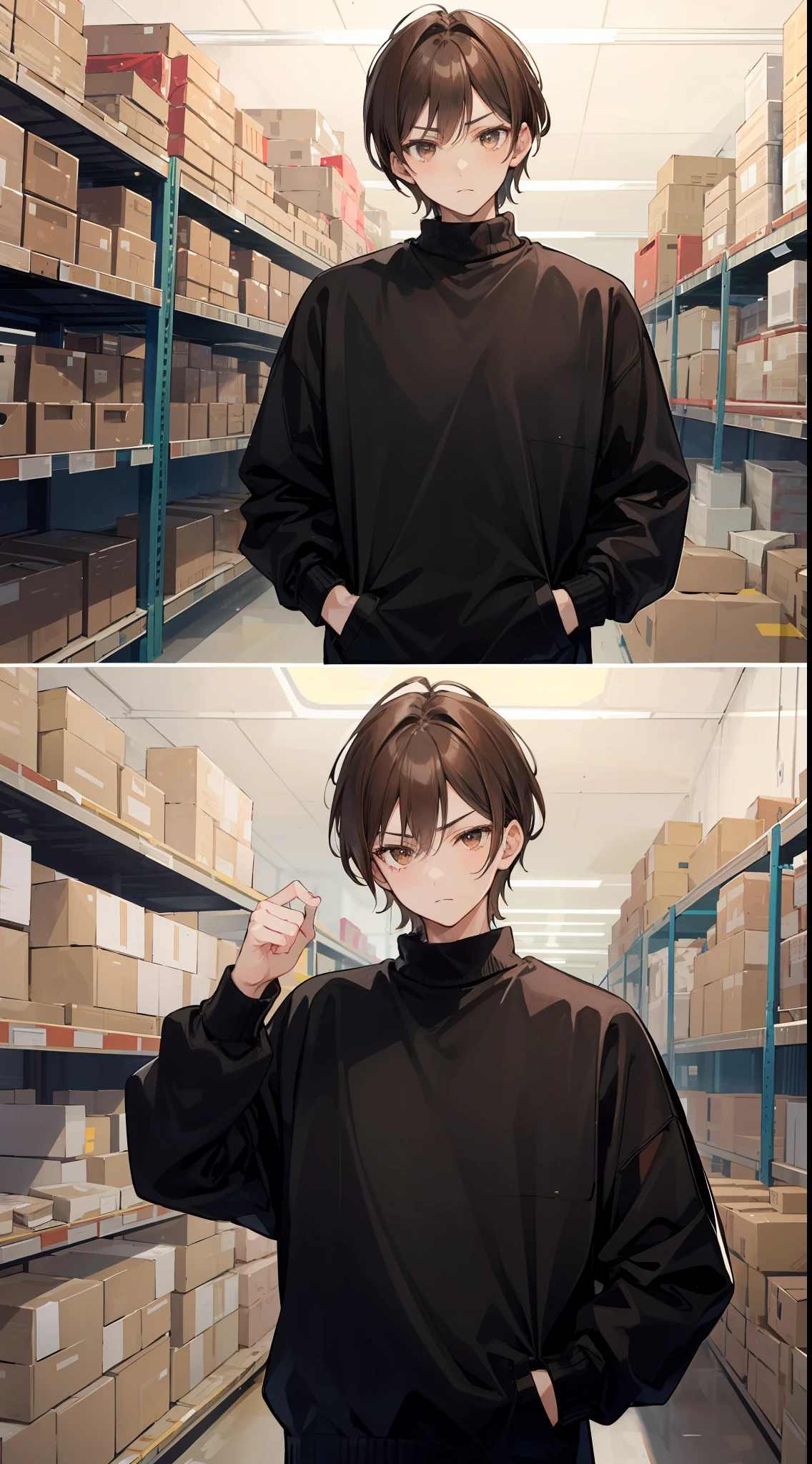 A man, brown hair and brown eyes, wearing a black sweater, was in a large empty warehouse, badass, no expression, mascular