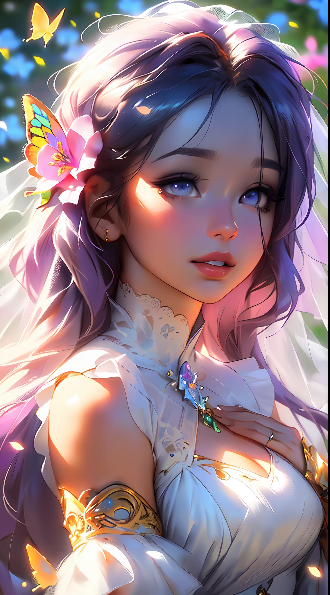 The colors in this image are soft and draw inspiration from gentle watercolors and should be (primarily pink and purple). Generate a delicate and tranquil flower maiden with soft hair dancing in the wind and intricately braided. Her sweet, gentle face has puffy, big lips and stunning, highly realistic eyes. She has beautiful eyes, hires eyes, 8k eyes, beautiful detail eyes, beautiful detailed eyes, realistically shaded eyes, and realistic eyes in vibrant colors. ((She is wearing a delicate wedding dress of gossamer silk and satin.)) She is surrounded by ethereal flowers of varying sizes and colors. The background is wild and unruly, with delicate flowers dancing in the wind and creating a dynamic and compelling image. A flowered headdress adorns her head and soft petals fall around her. The flowers in this artwork are realistic and very detailed and come in different shapes and sizes, some with iridescence and others with varying shades of pink and blue. Include a soft watercolor sky. Include realistic hair and skin texture. Include fantasy details, enhanced details, colorful glittering wind, and pollen. ((Pay special attention to her face and make sure it is beautifully and realistically detailed.)) (((((The image should be dreamy and ethereal.))))) Include intricate fantasy details. 8k, intricate, elegant, highly detailed, majestic, digital photography, art by artgerm and ruan jia and greg rutkowski surreal painting pearl butterfly filigree, flower petals, (masterpiece, finely detailed beautiful eyes: 1.2), hdr, realistic skin texture, ((ornate)), ((intricate)), ((fantasy00d:1.2)), rays of light, (add details), (((highly detailed butterflies))), translucent butterflies, ornate flowers, dew drops, sunlight, rays of sun, ((((sweet, virgin, pure)))). A soft pink haze should emphasize this artwork's dreamy etherealness.