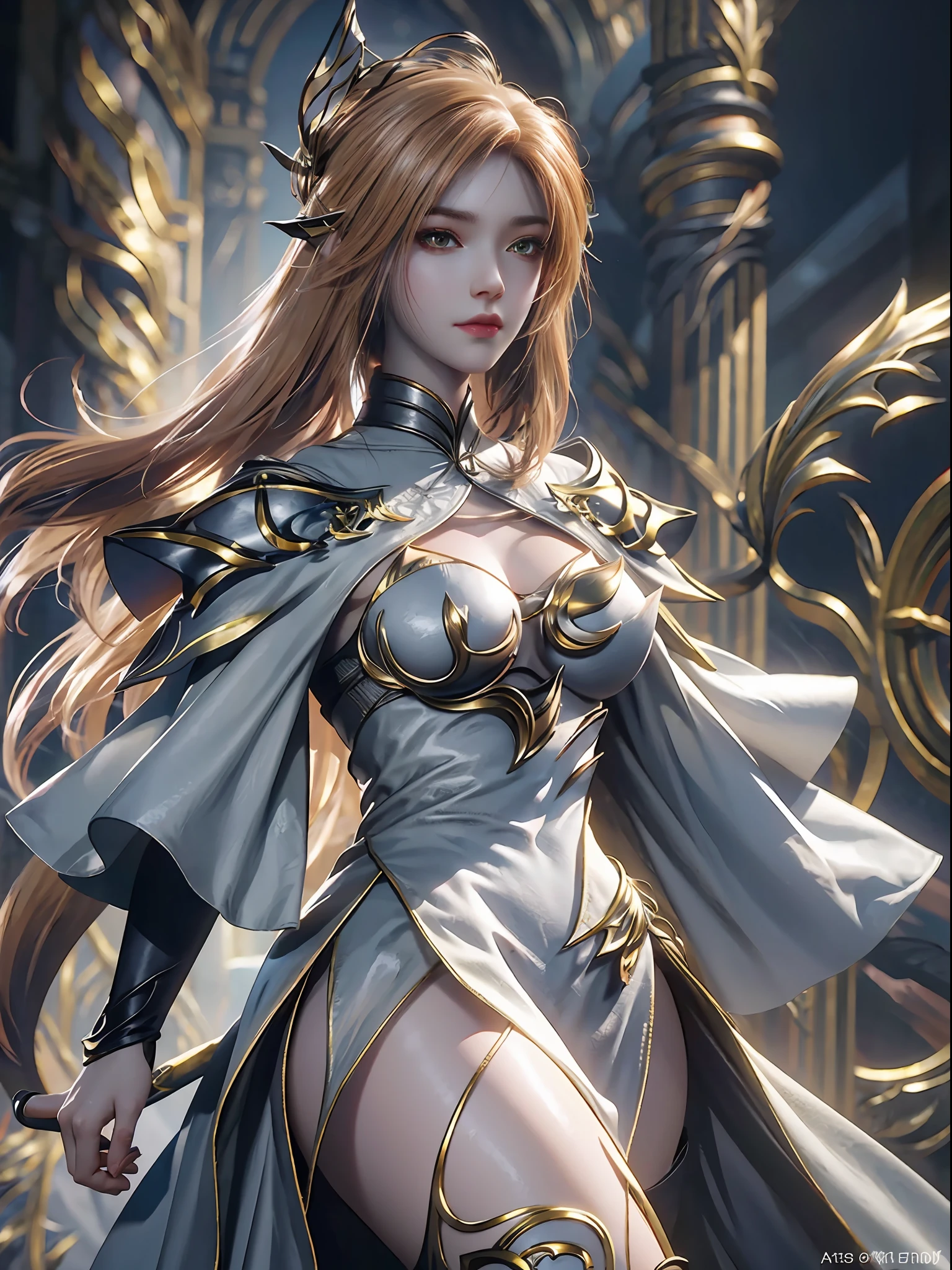 A close-up of a woman in a silver-blue miniskirt with long legs，Cheng Weipan Art Station，Xiuxian sense of technology，Ice Beauty，Gauze sleeves，detailed fantasy art，Stunning character art，Epic and refined character art，beautiful armor，Extremely detailed artistic germination，detailed digital anime art, Artgerm on the art station Pixiv，Armor Girl，Exquisite and intricate headwear and jewelry 8k，Bigchest