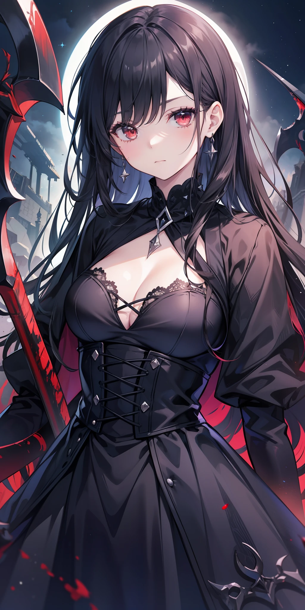 tag: '"masterpiece, best quality, girl, cool face, goth, black hair, holding scythe, bloodstains, goth, red eyes, red and black gothic dress, closed goth clothes, illustration, dark souls, bloodborn , moon background, blackthorn, thorn, starry sky