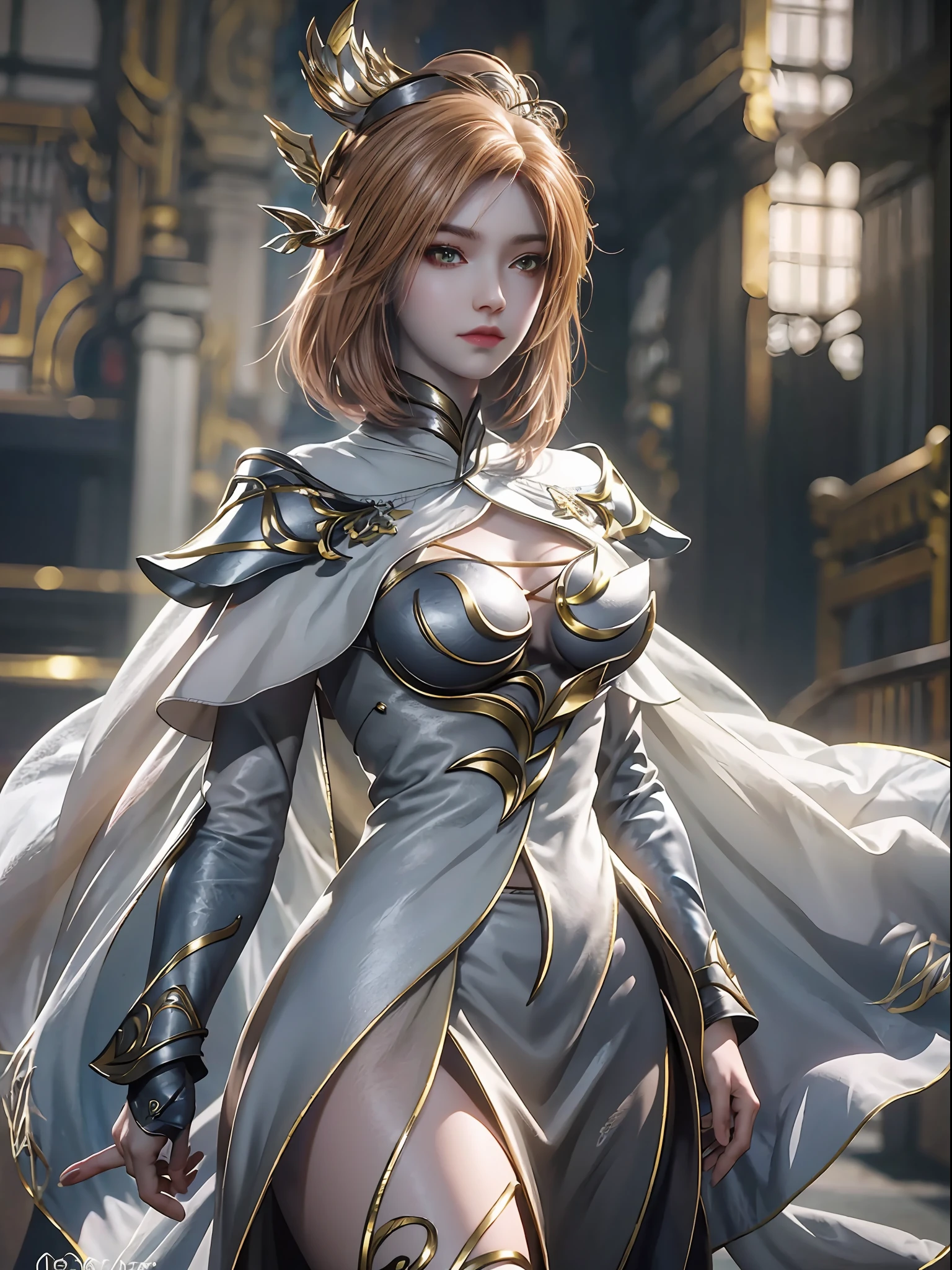 A close-up of a woman in a silver-blue miniskirt with long legs,Cheng Weipan Art Station,Xiuxian sense of technology,Ice Beauty,Gauze sleeves,detailed fantasy art,Stunning character art,Epic and refined character art,beautiful armor,Extremely detailed artistic germination,detailed digital anime art, Artgerm on the art station Pixiv,Armor Girl,Exquisite and intricate headwear and jewelry 8k,Bigchest