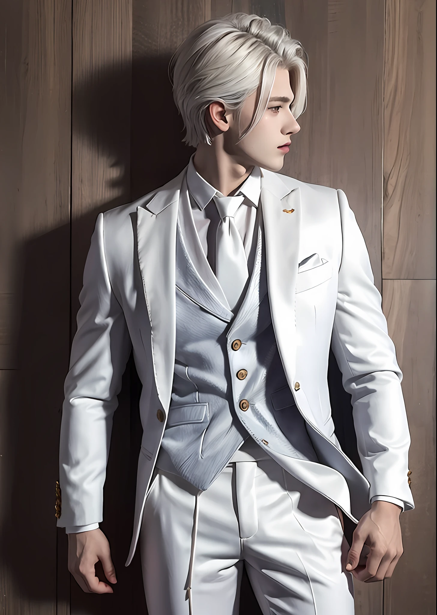 1 boy, head, white suit, 20s. Back.