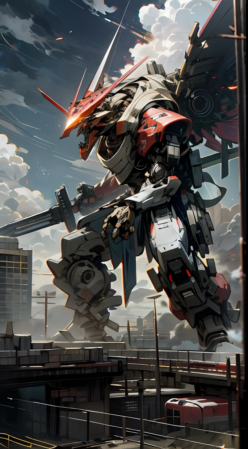 sky, clouds, holding_weapon, asia dragon, giant robot, , ruins, glowing_eyes, science fiction, city, reality, mecha, full body