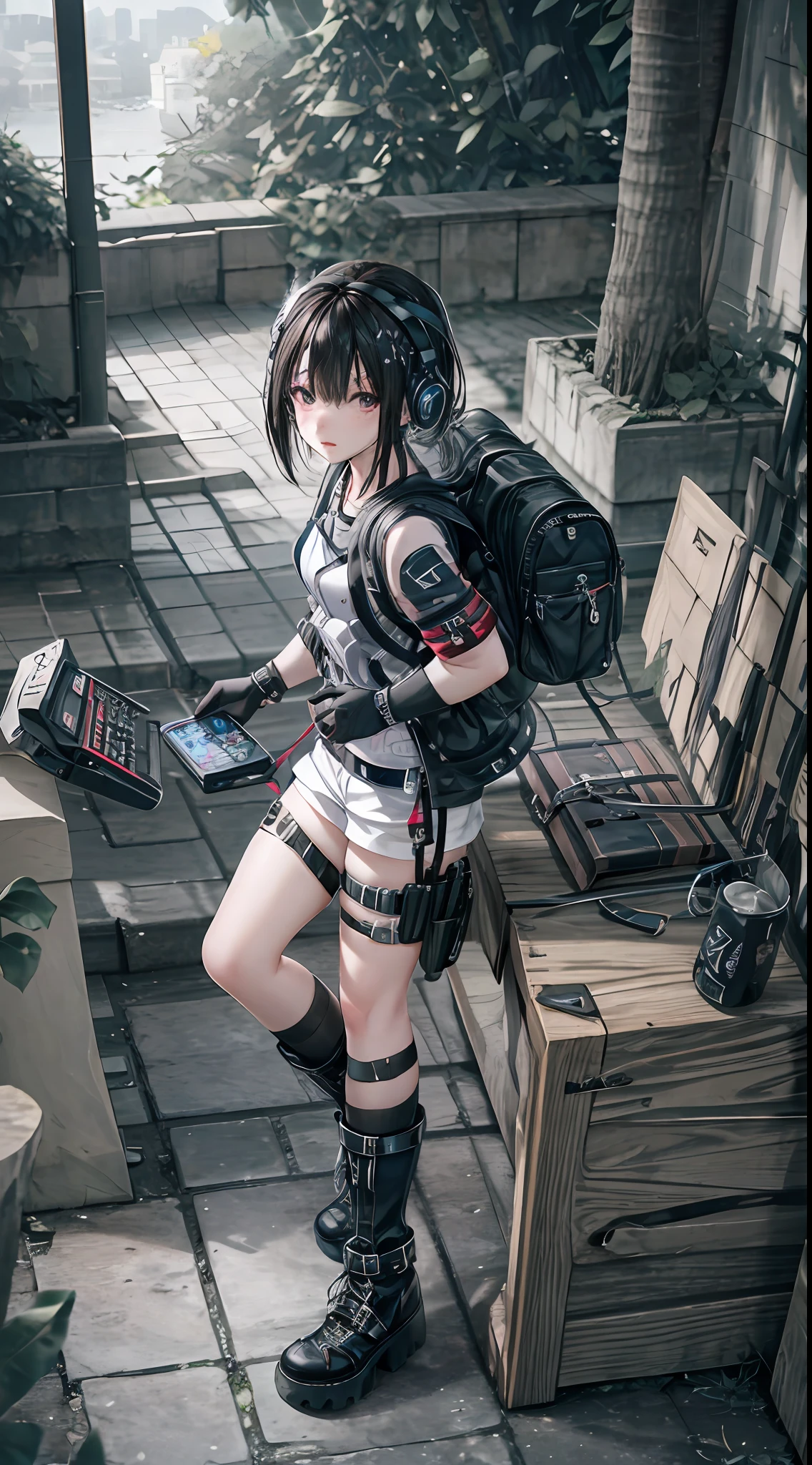 ((high quality)), ((masterpiece)), 8k, 1girls, bulletproof vest, light rays, extremely detailed CG unity 8k wallpaper, game cg, looking at viewer, gloves, boots, full body, watch, computer, mask, drone, holding weapon, headphones, jacket, bag, backpack,