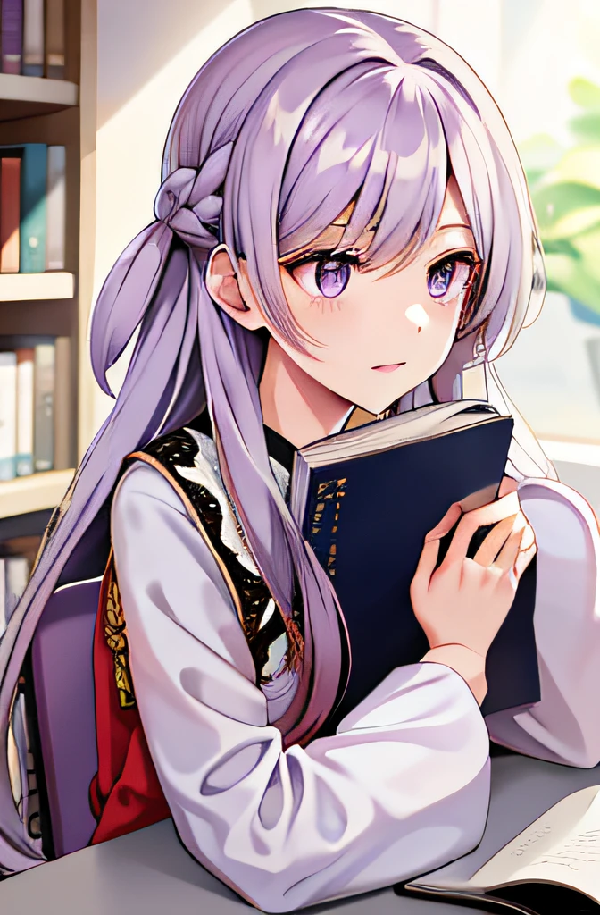 white long hair,purple eyes,book,1 girl